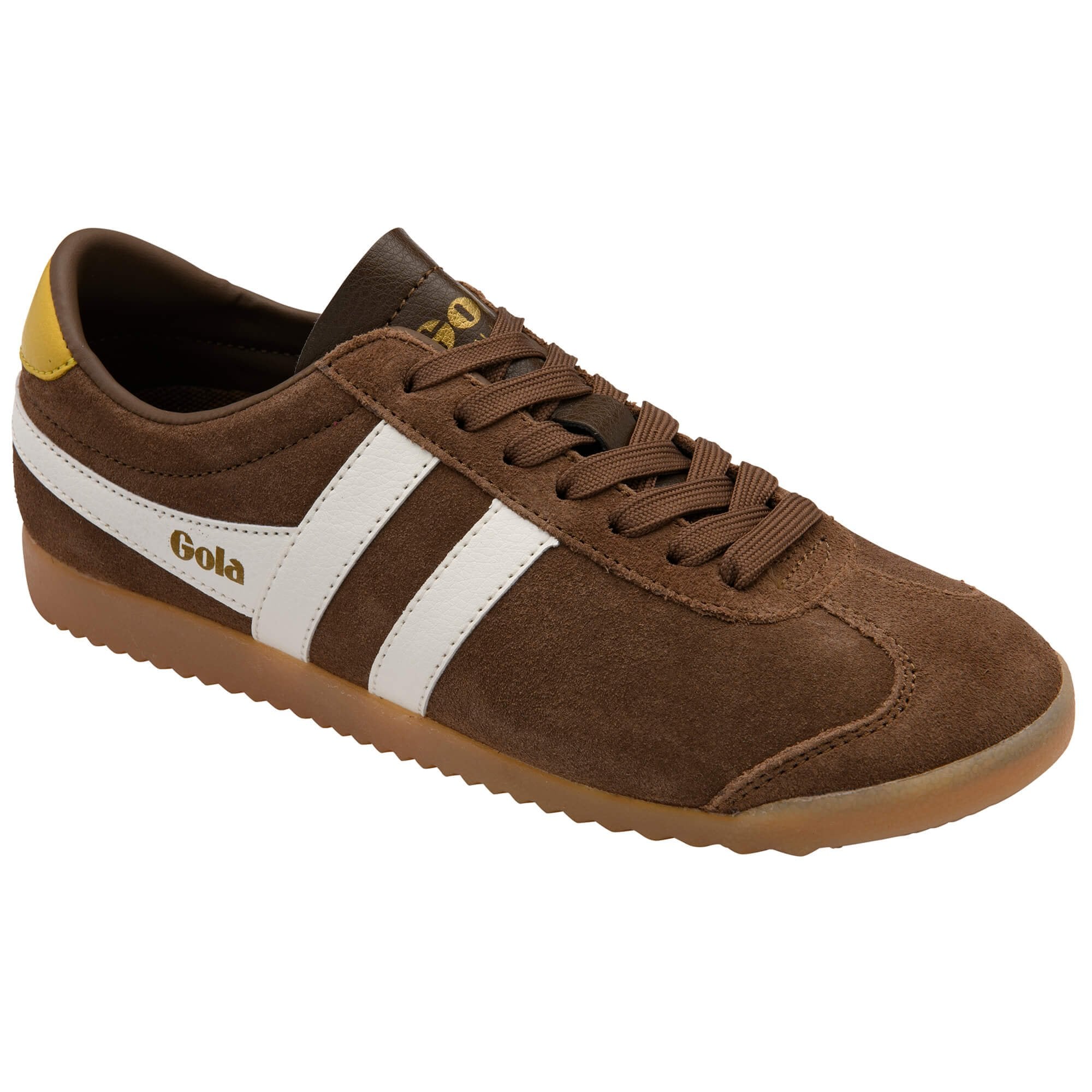 Brown Gola trainer with white stripe and yellow accents on a white background