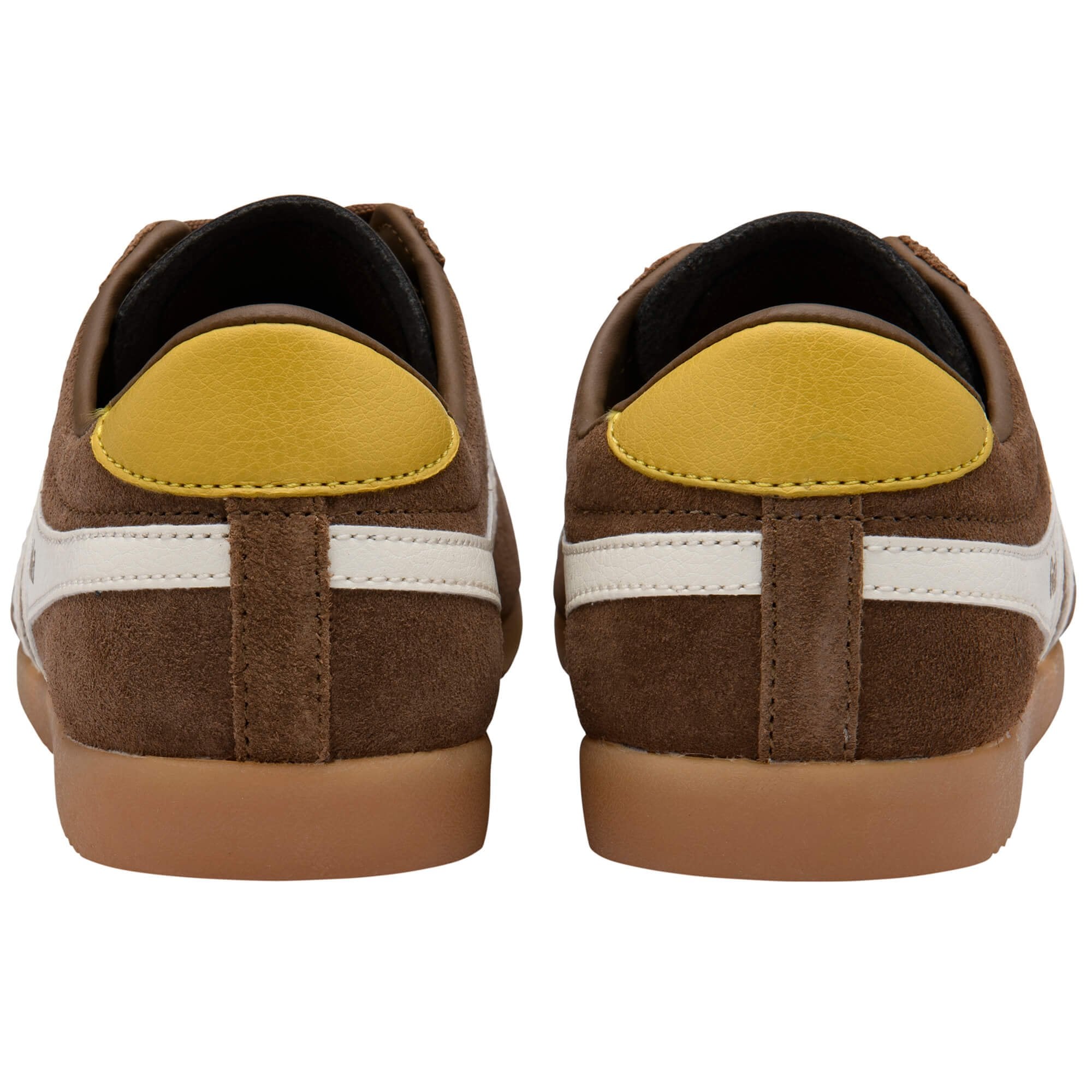 Brown Gola trainers with yellow and white accents on a white background