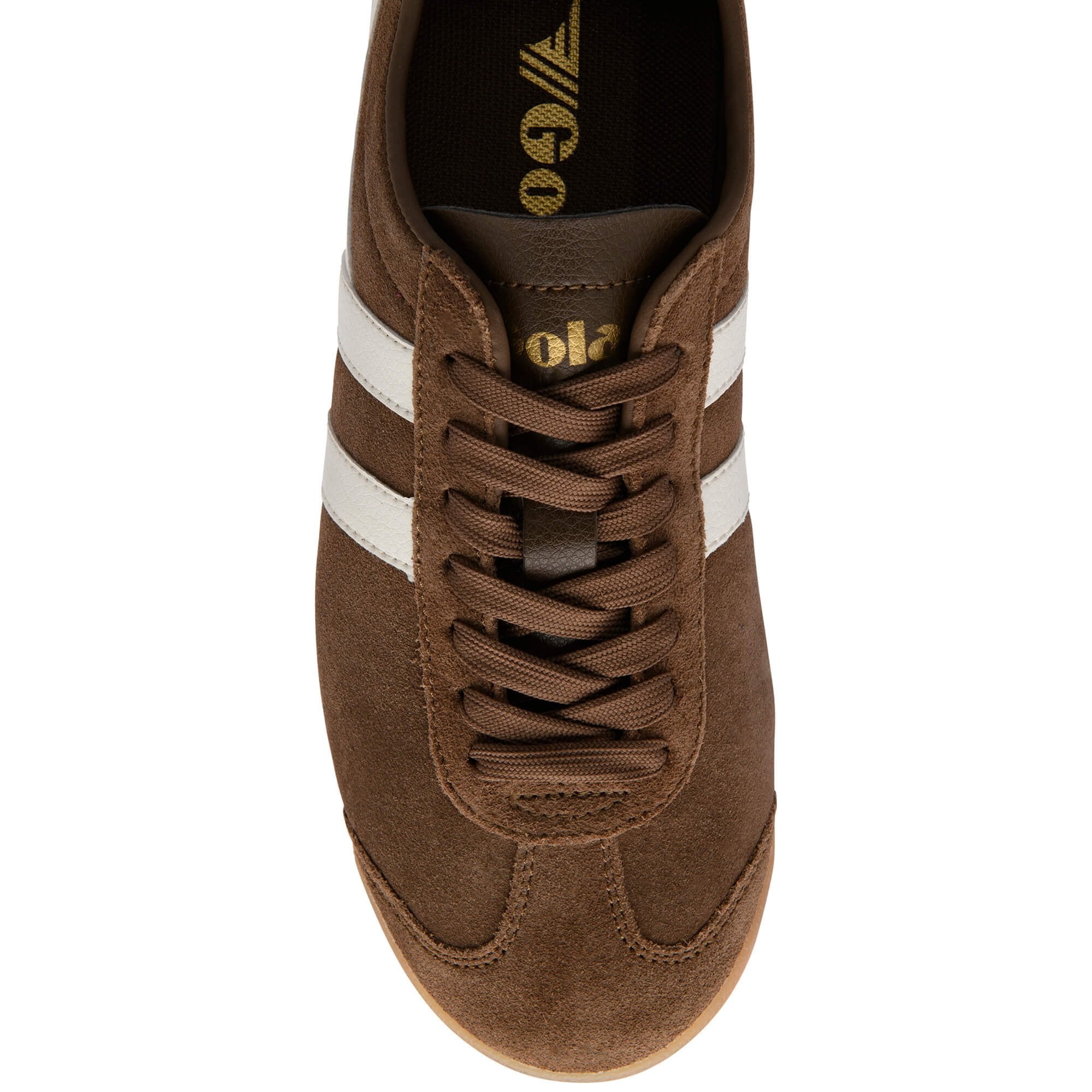 Brown suede Gola trainer with white stripes and brown laces on a white background
