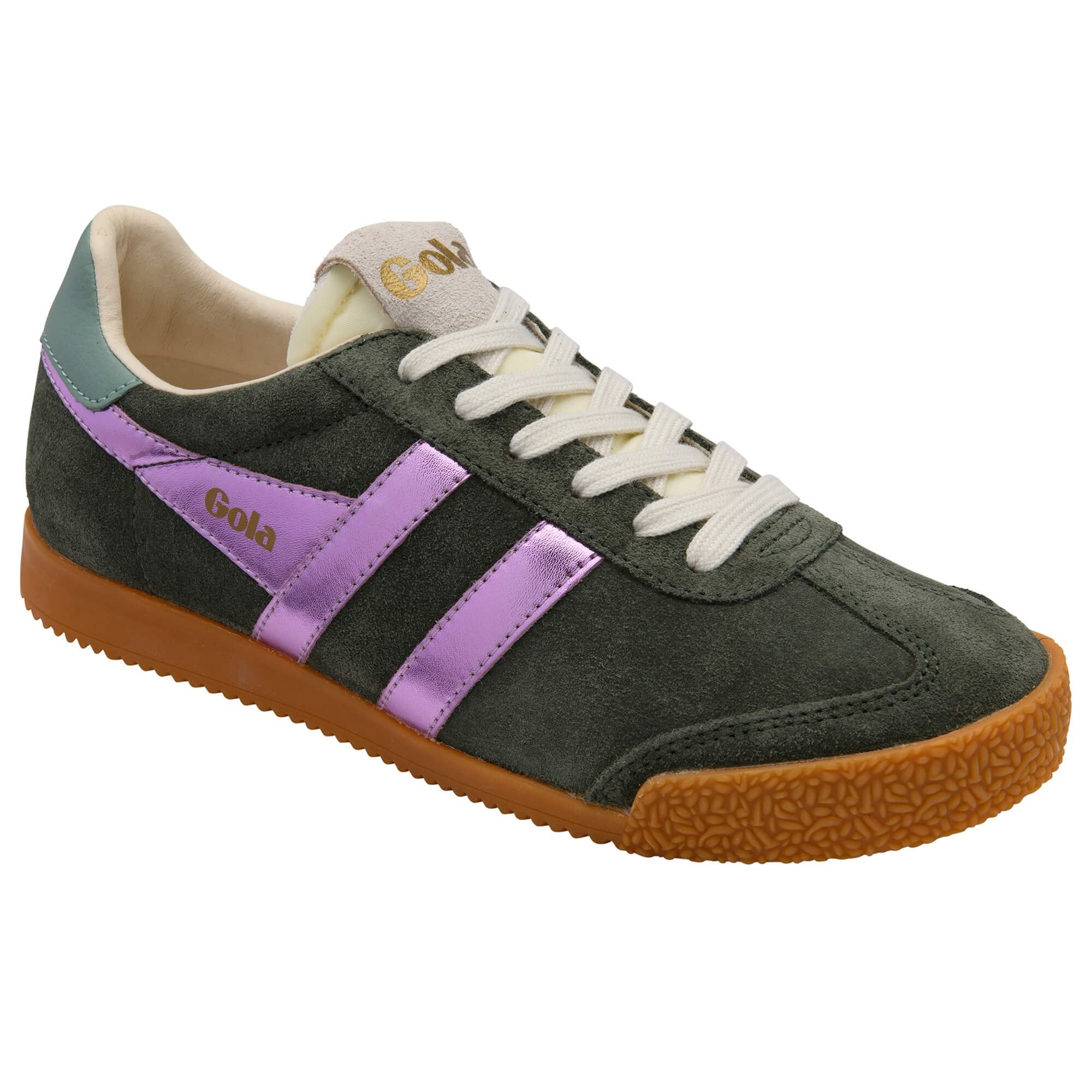 Green trainer with purple stripes and brown sole on a white background