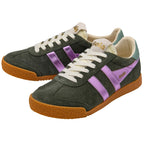 Pair of green trainers with purple accents and brown soles on a white background