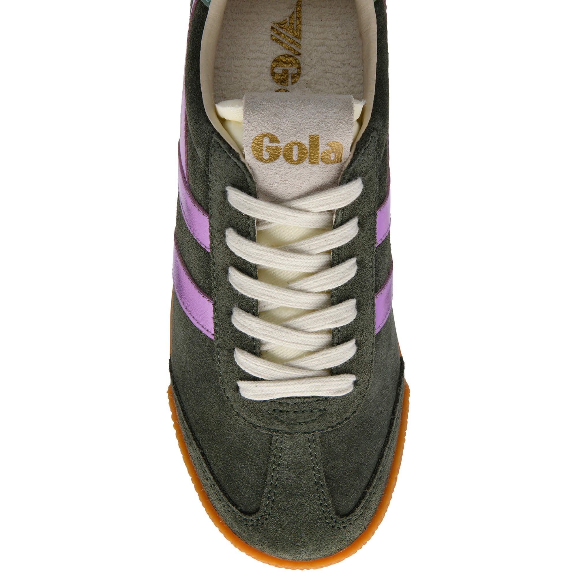 Top-down view of a Gola trainer in green suede with purple stripes and white laces