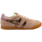 Beige trainer with brown sole and pink heel on a white background