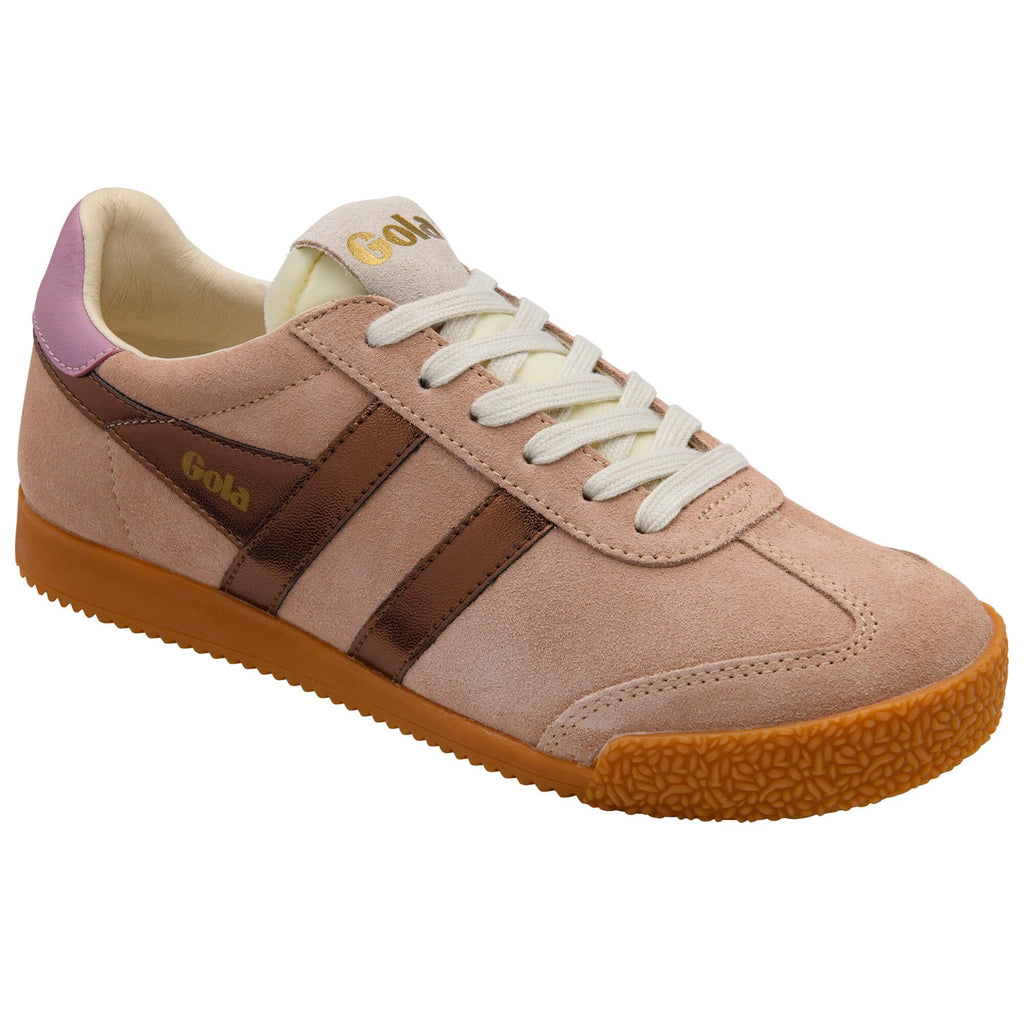 Pink trainer with brown accents on a white background
