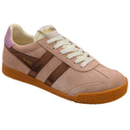 Pink trainer with brown accents on a white background