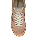 Tan trainer with white laces on a white background