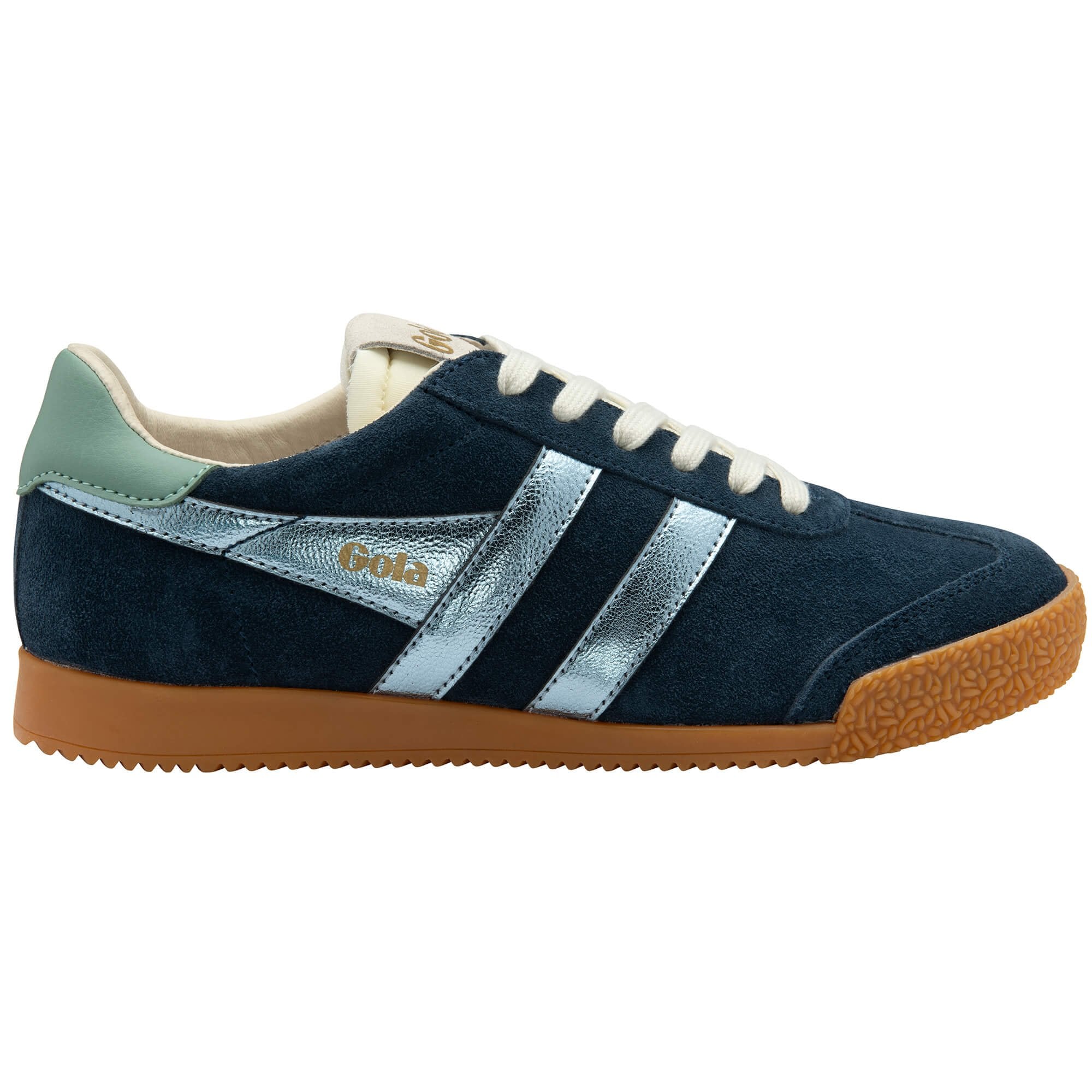 Navy blue trainer with silver stripes and brown sole on a white background