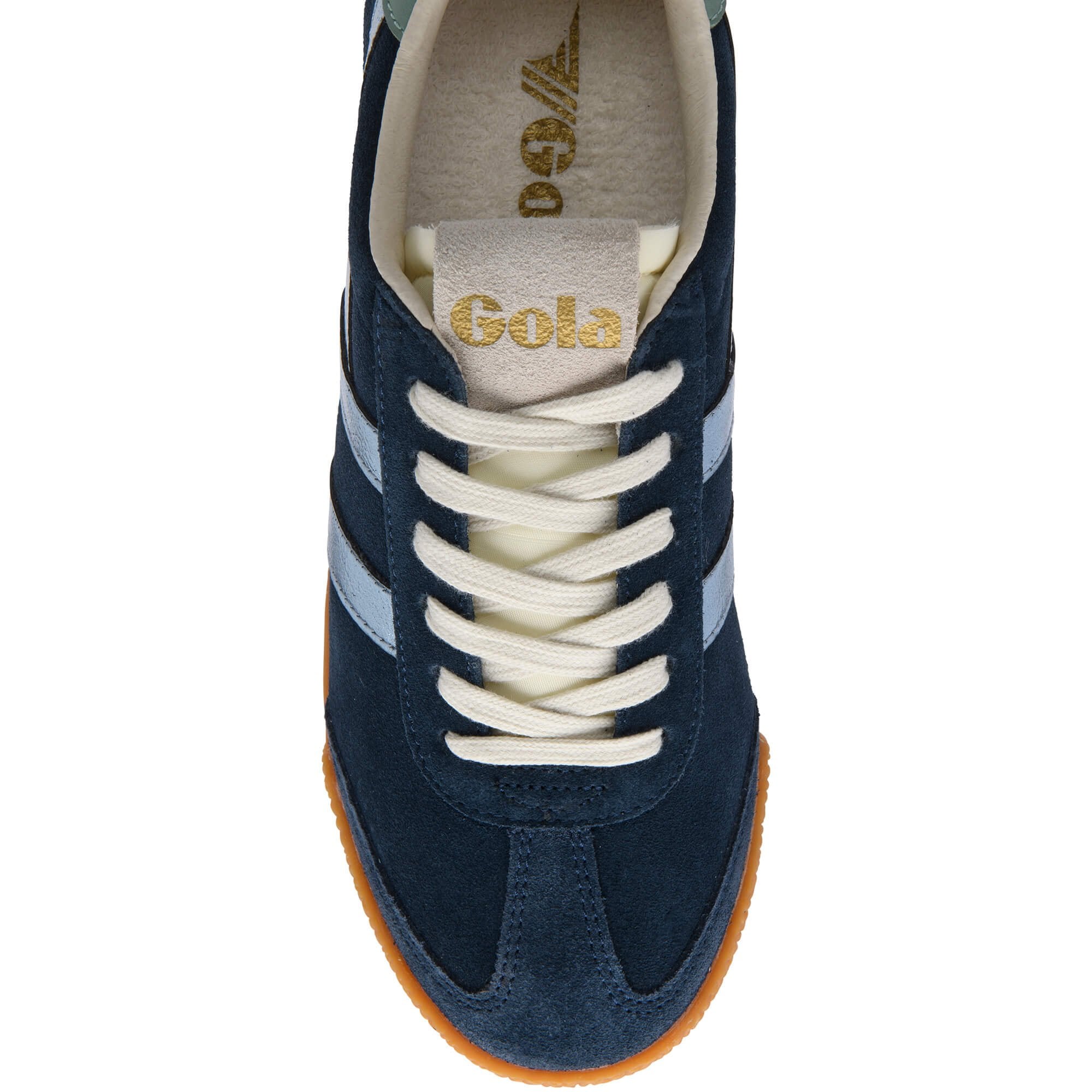 Navy blue trainer with white laces and gum sole on a white background