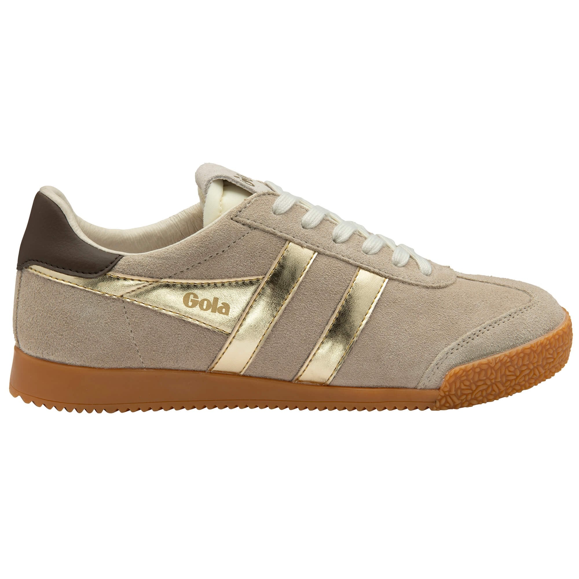 Beige trainer with gold stripes and brown sole on a white background