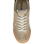 Beige trainer with white laces on a white background, featuring the Gola brand.