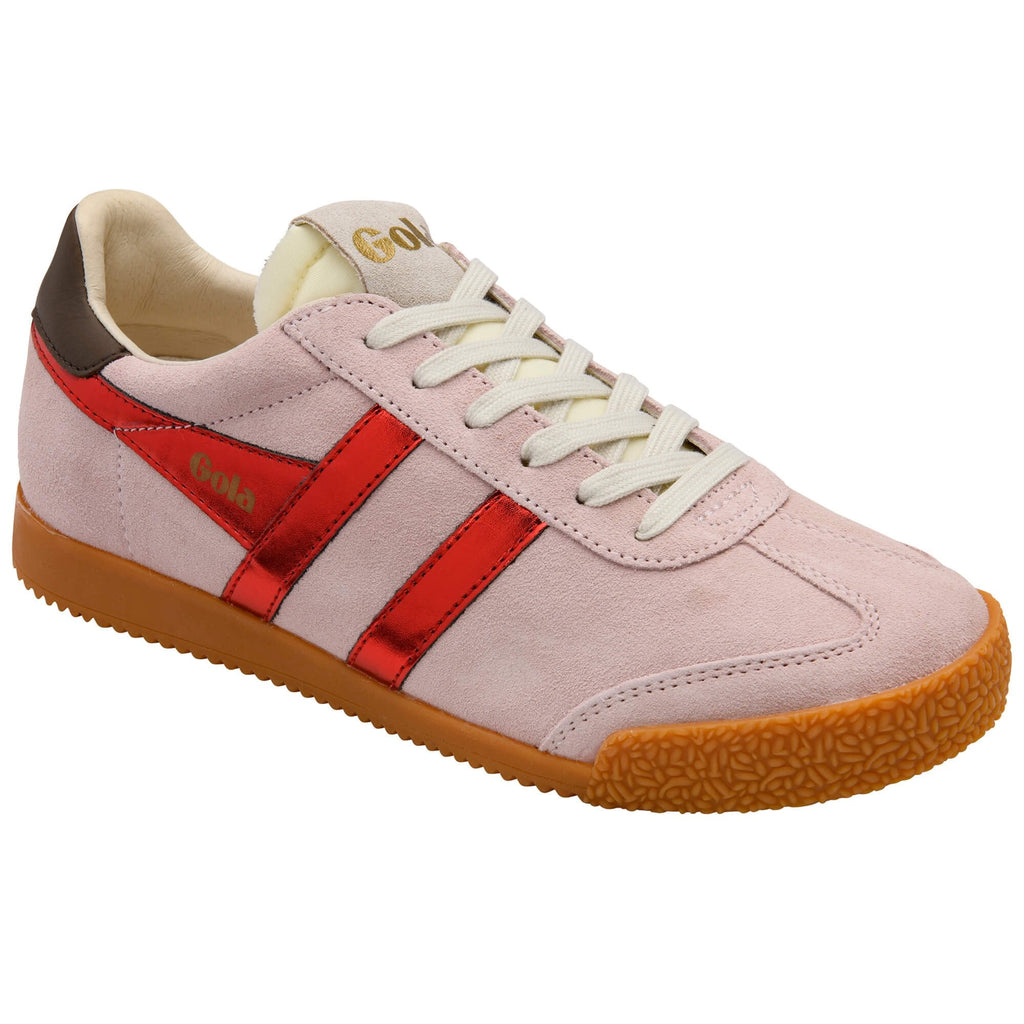 Pink trainer with red accents on a white background