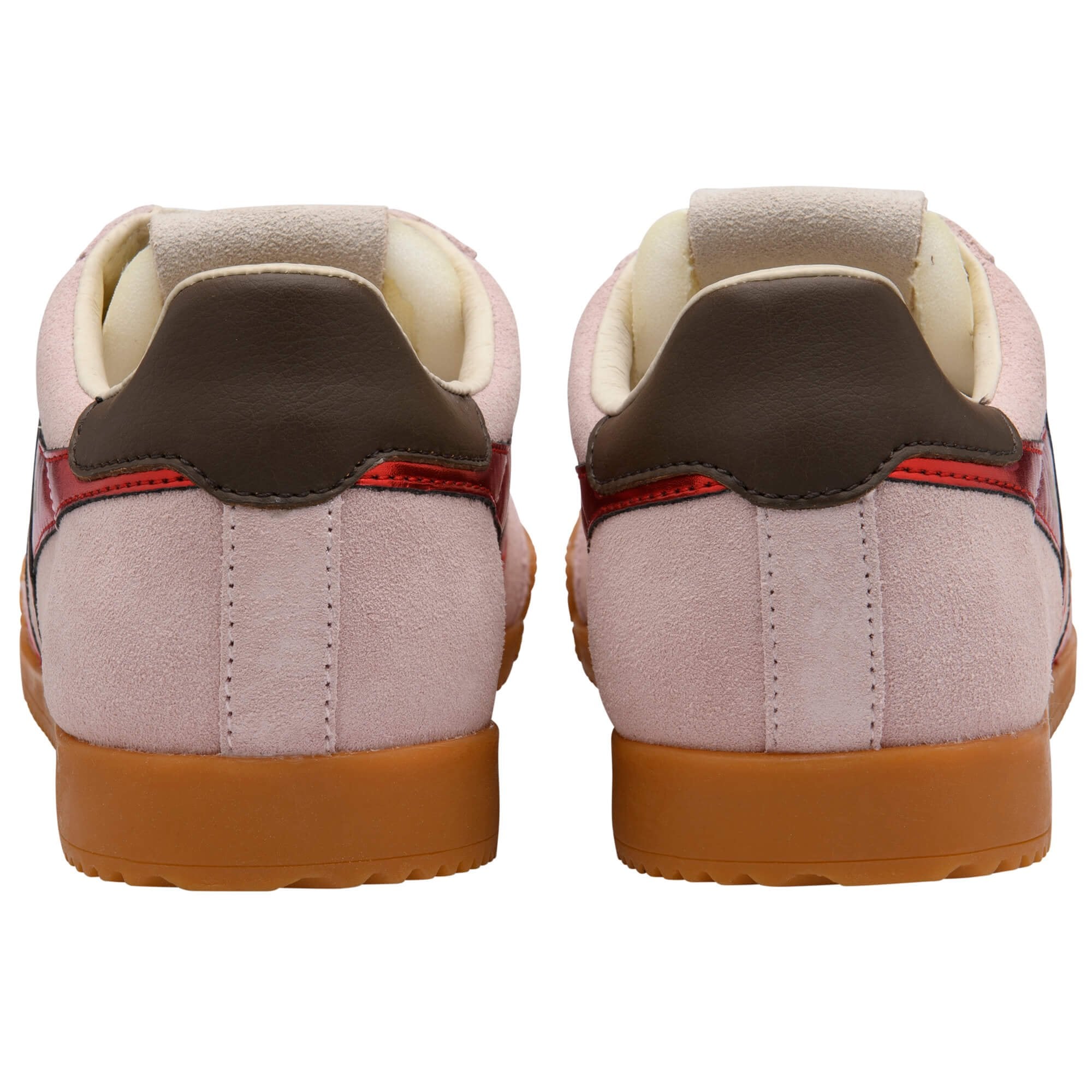 Pair of pink trainers with brown accents on a white background