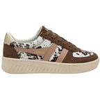 Gola trainer in brown suede and white cow print with pink stripes on a white background