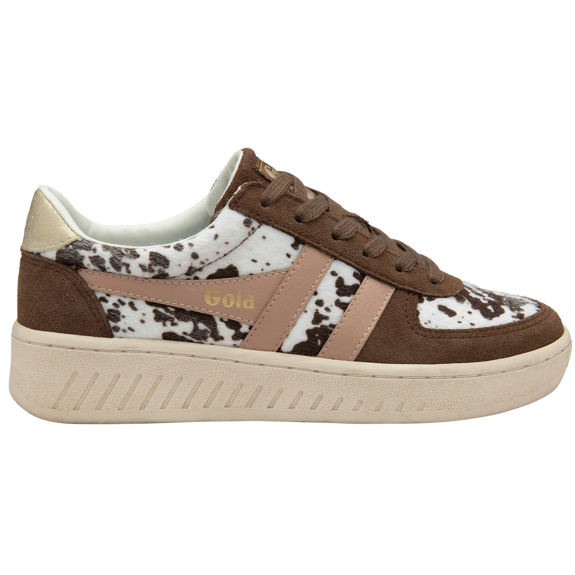 Gola trainer in brown suede and white cow print with pink stripes on a white background