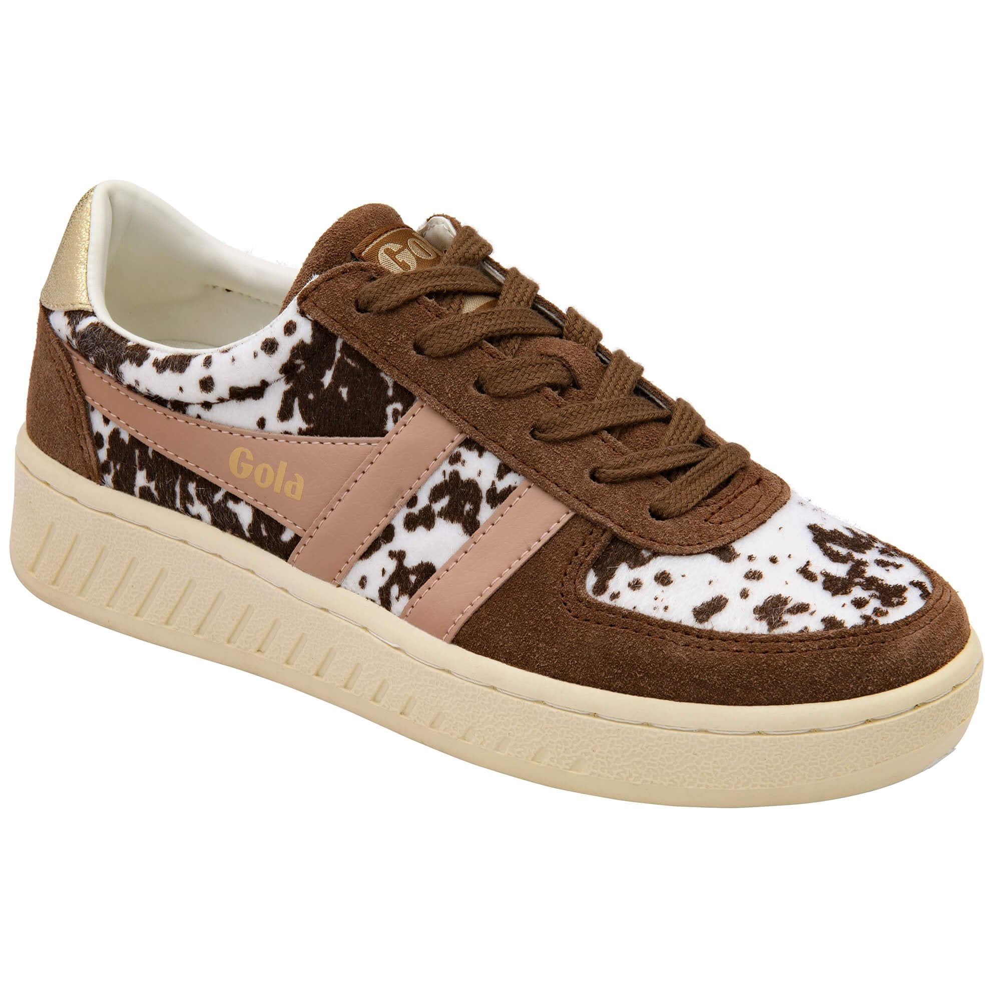 Brown and white animal print upper with 'Gola' branding on a white background