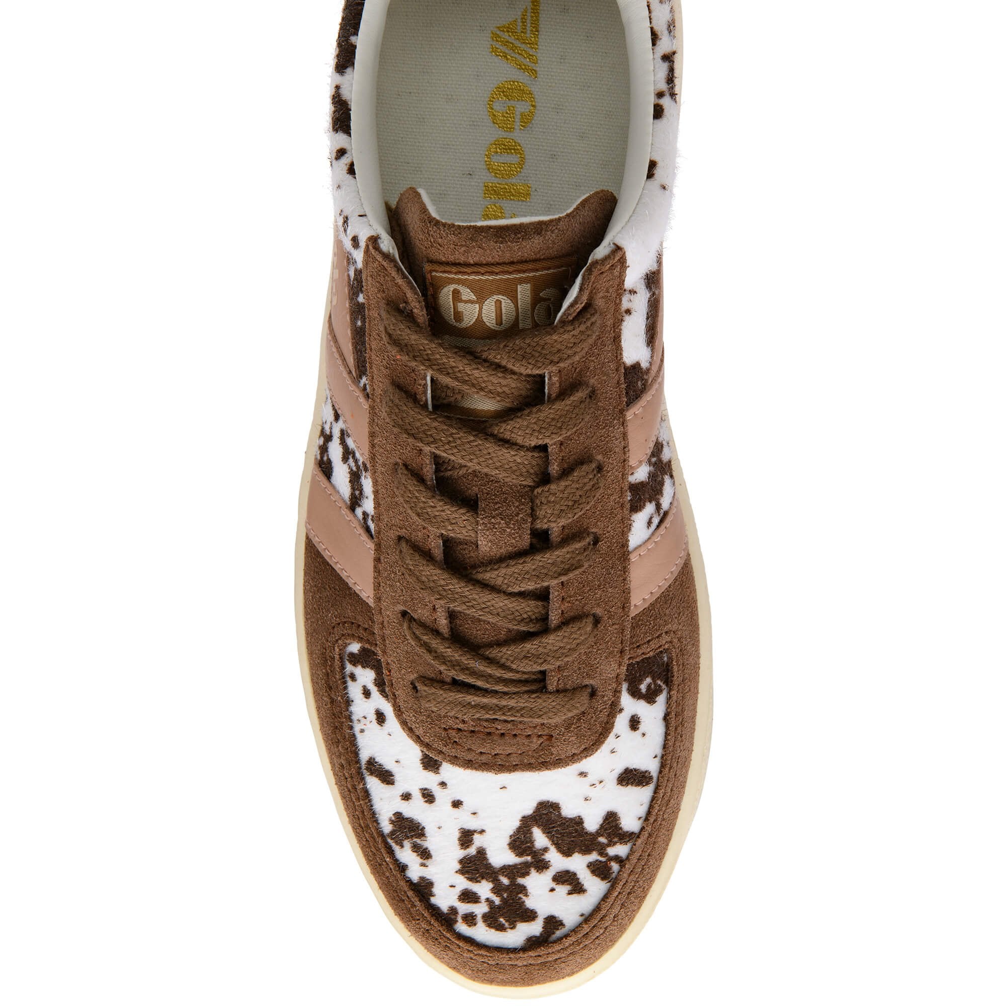 Brown and white Gola trainer with animal print upper and brown laces on a white background