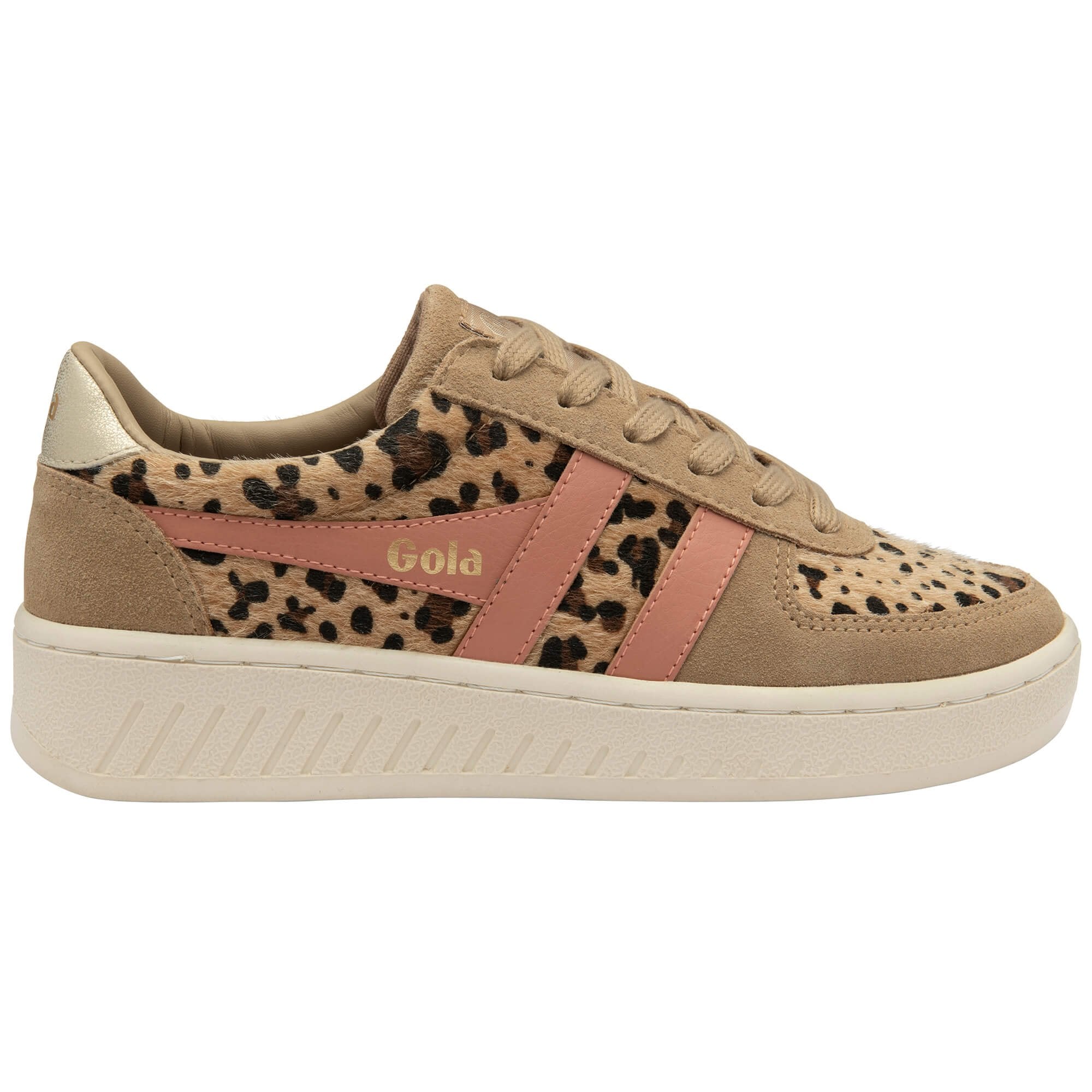 Beige Gola trainer with leopard print and pink accents on a white background