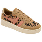 Tan Gola trainer with leopard print and pink accents on a white background