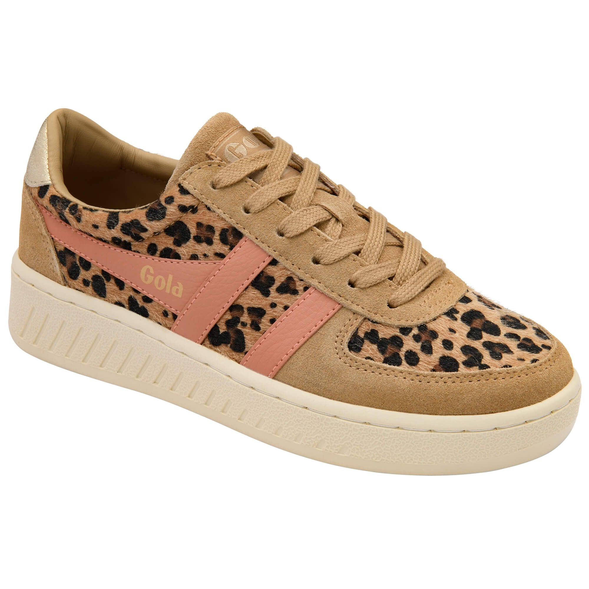 Tan Gola trainer with leopard print and pink accents on a white background