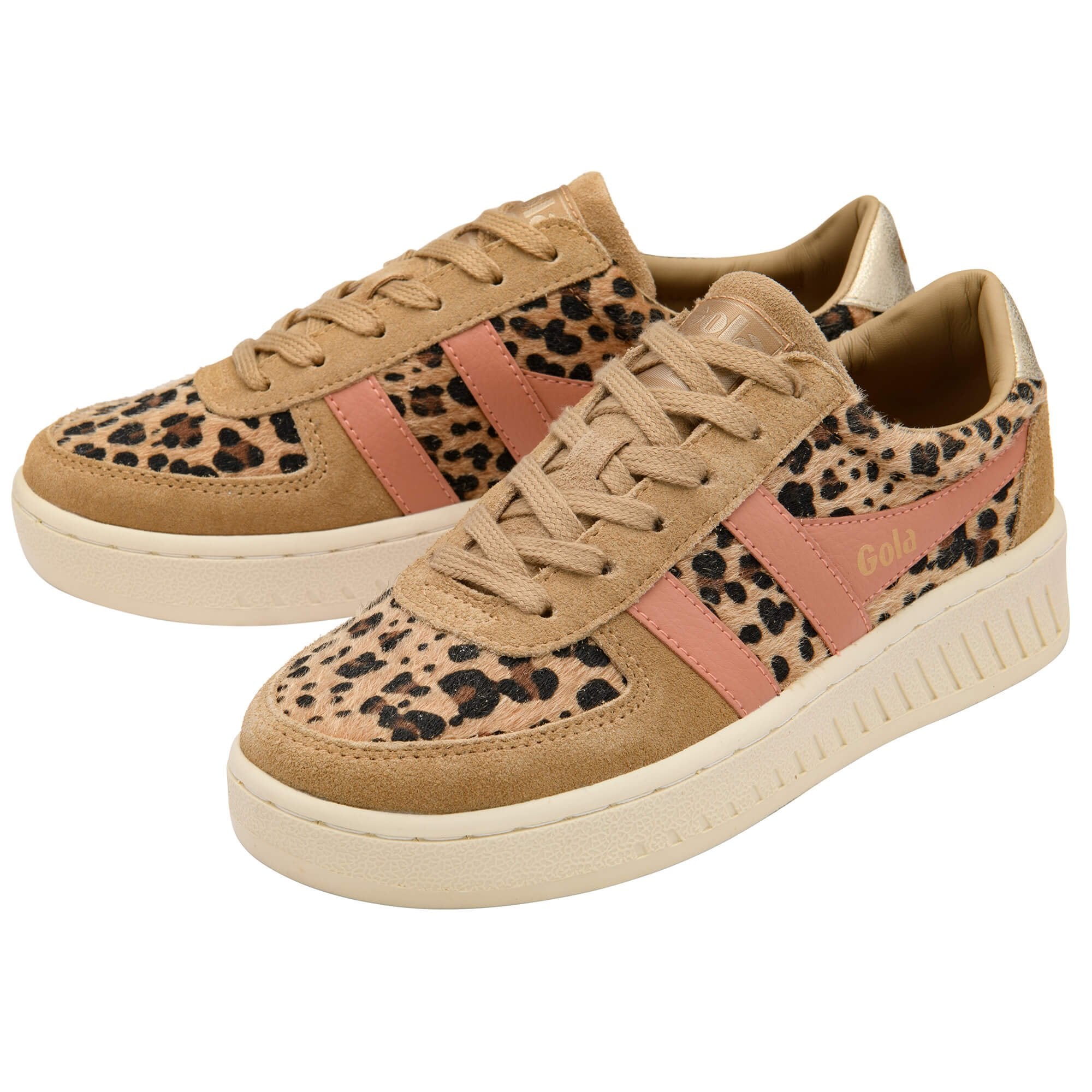 Beige Gola trainers with leopard print and pink accents on a white background