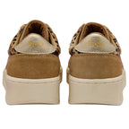 Brown Gola trainers with leopard print upper on a white background