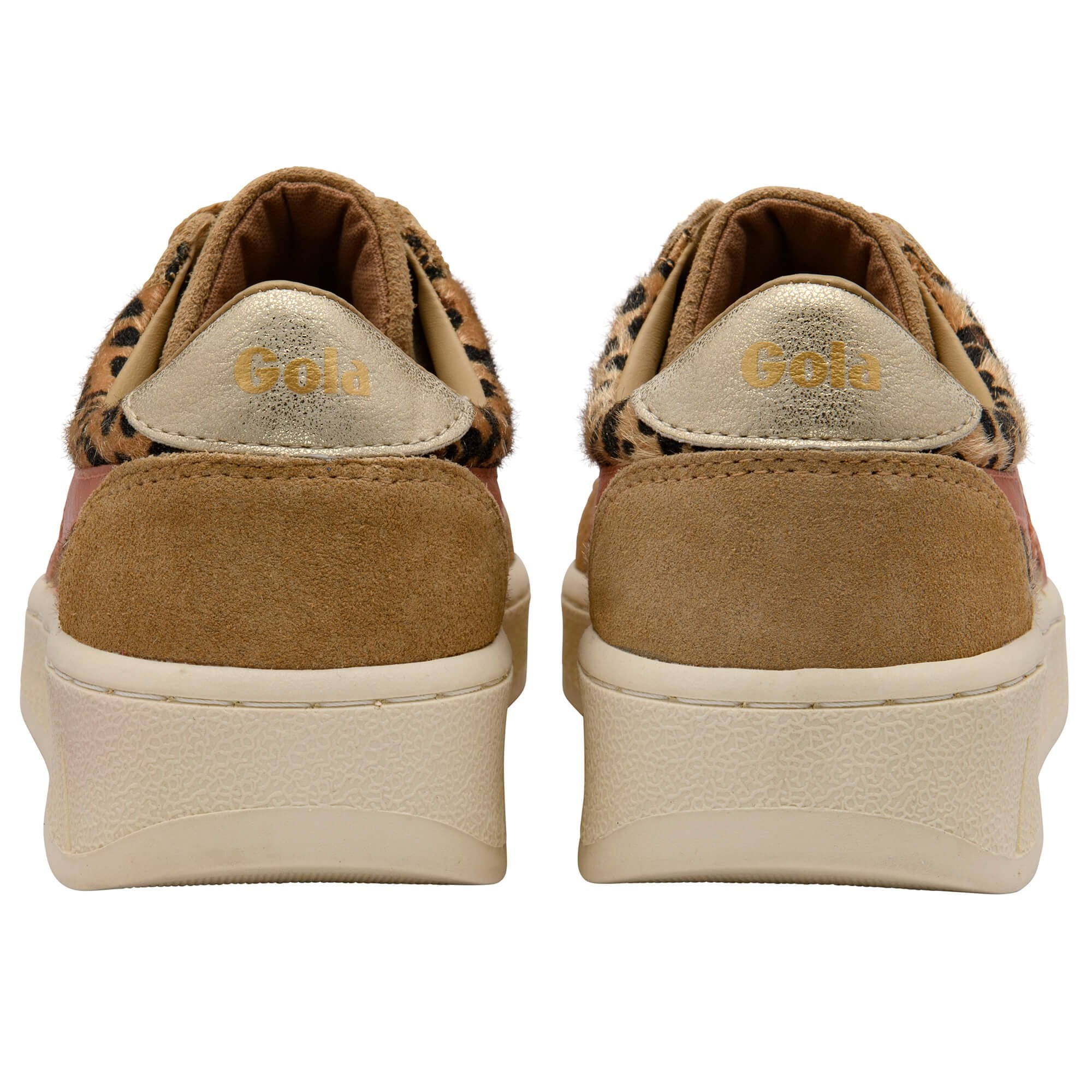 Brown Gola trainers with leopard print upper on a white background