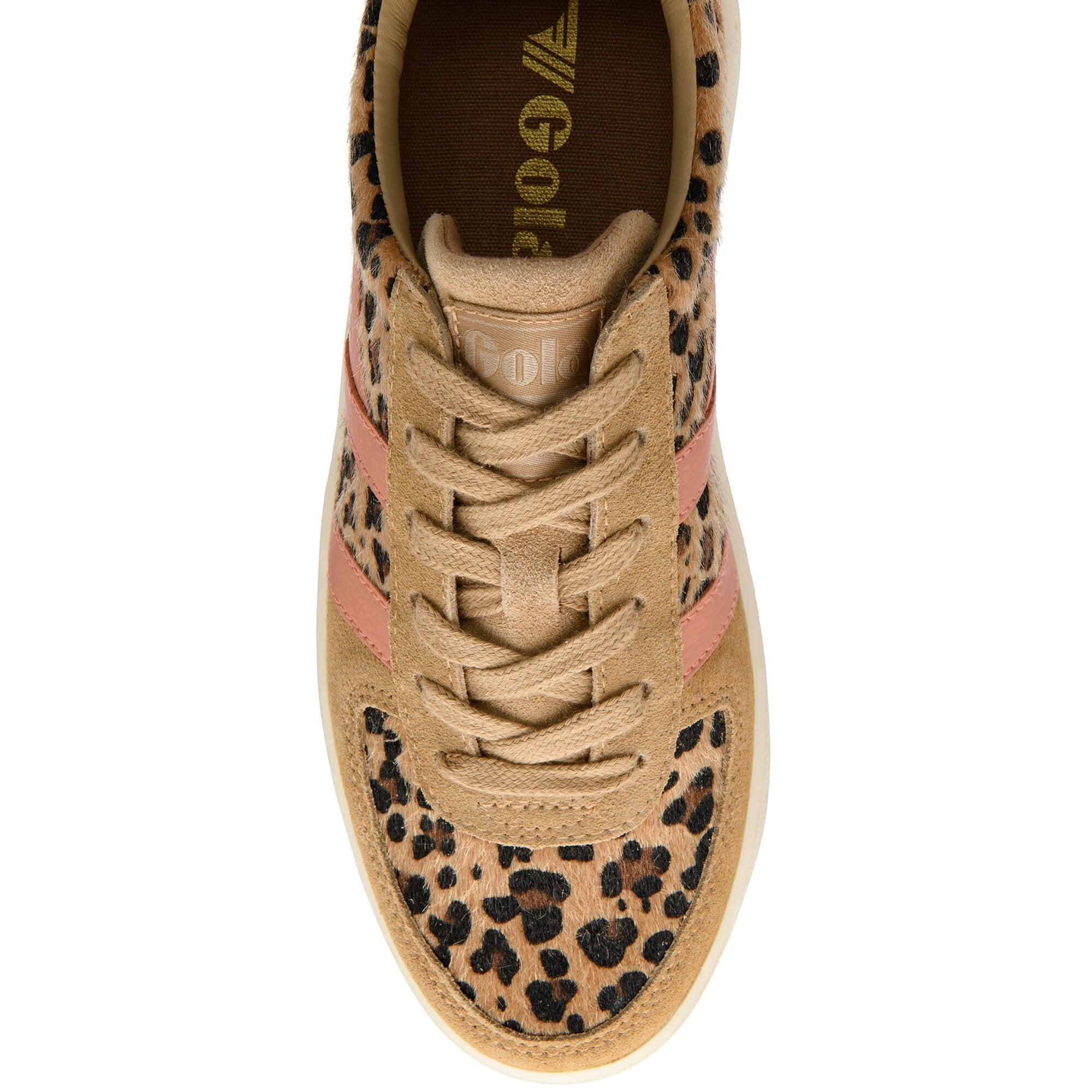Beige Gola trainer with leopard print pattern and pink stripes on a white background