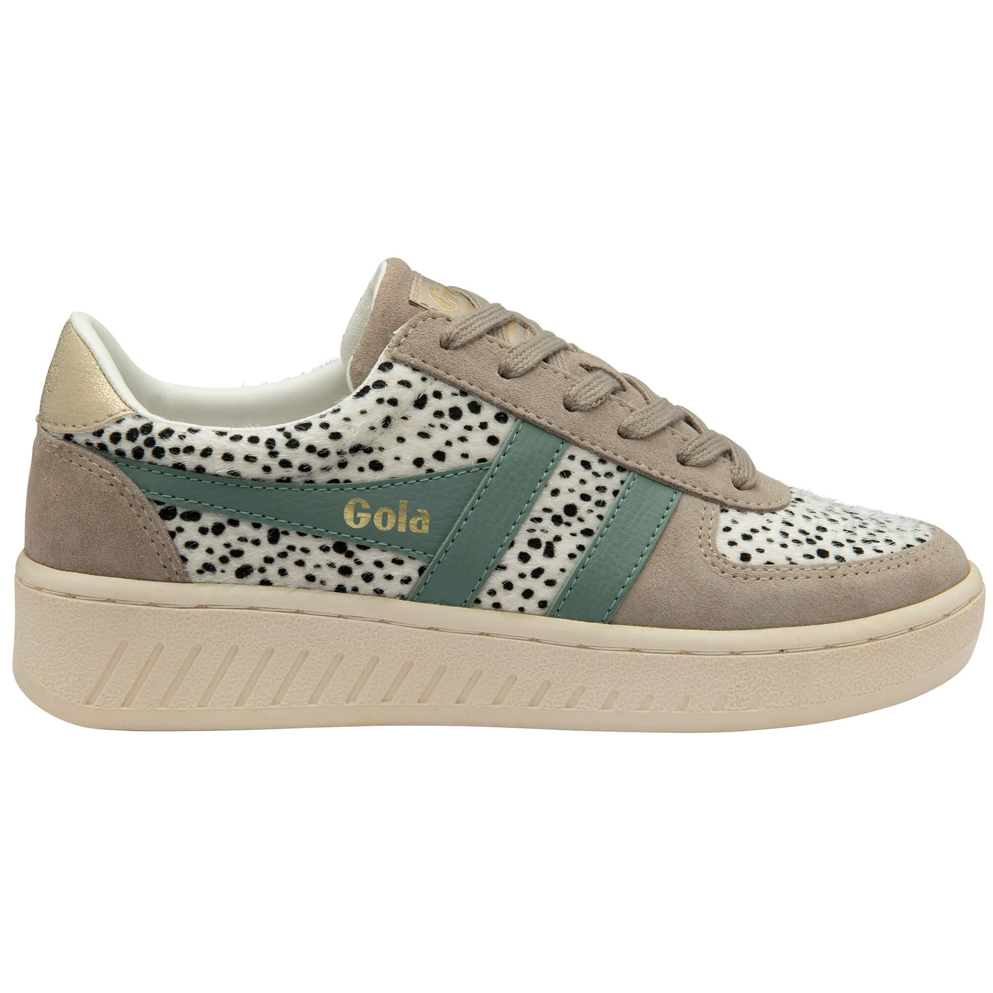 Gola trainer with animal pattern and green stripes on a white background