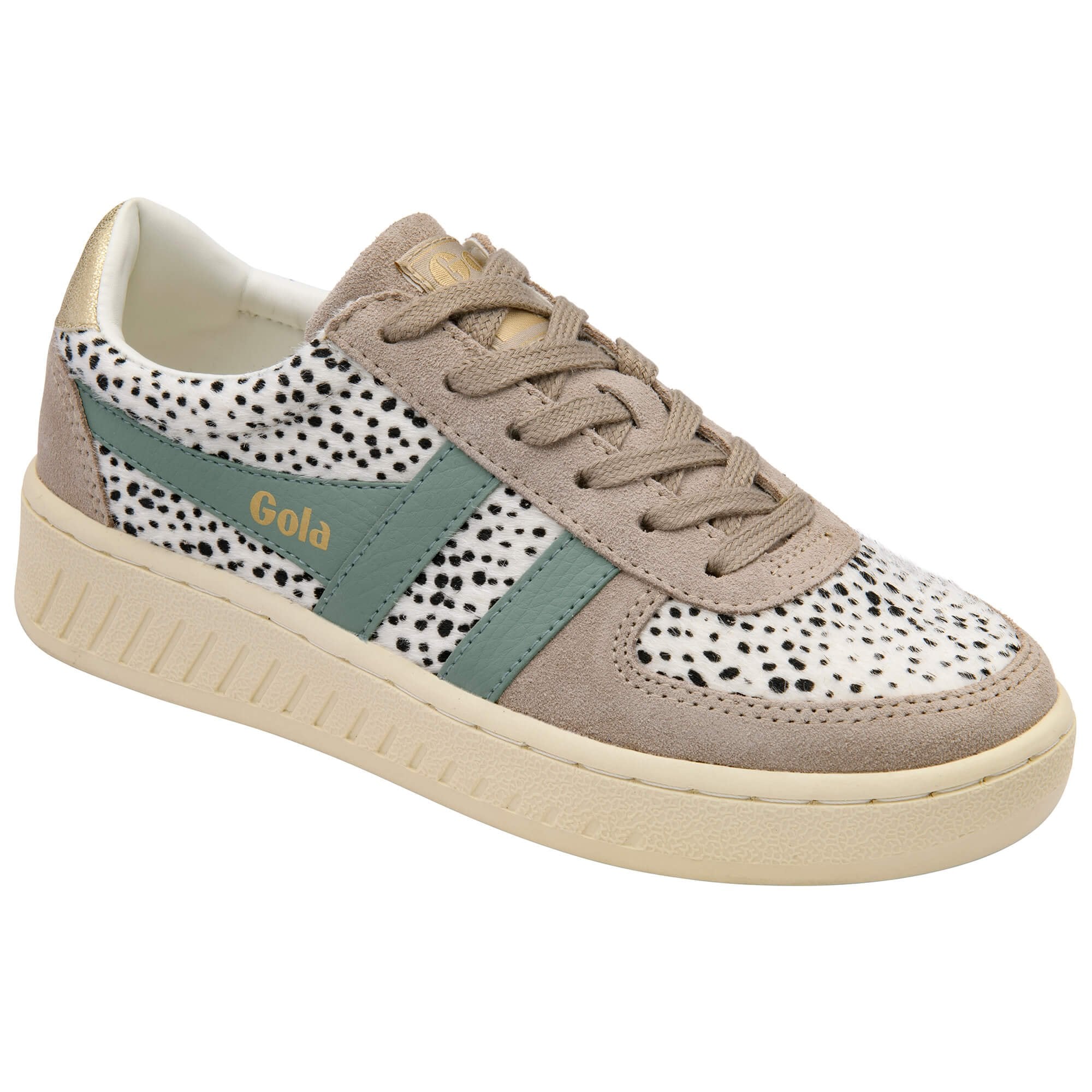Gola trainer with animal print pattern and green stripes on a white background