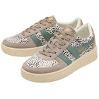 Pair of Gola trainers with animal print pattern and green stripes on a white background
