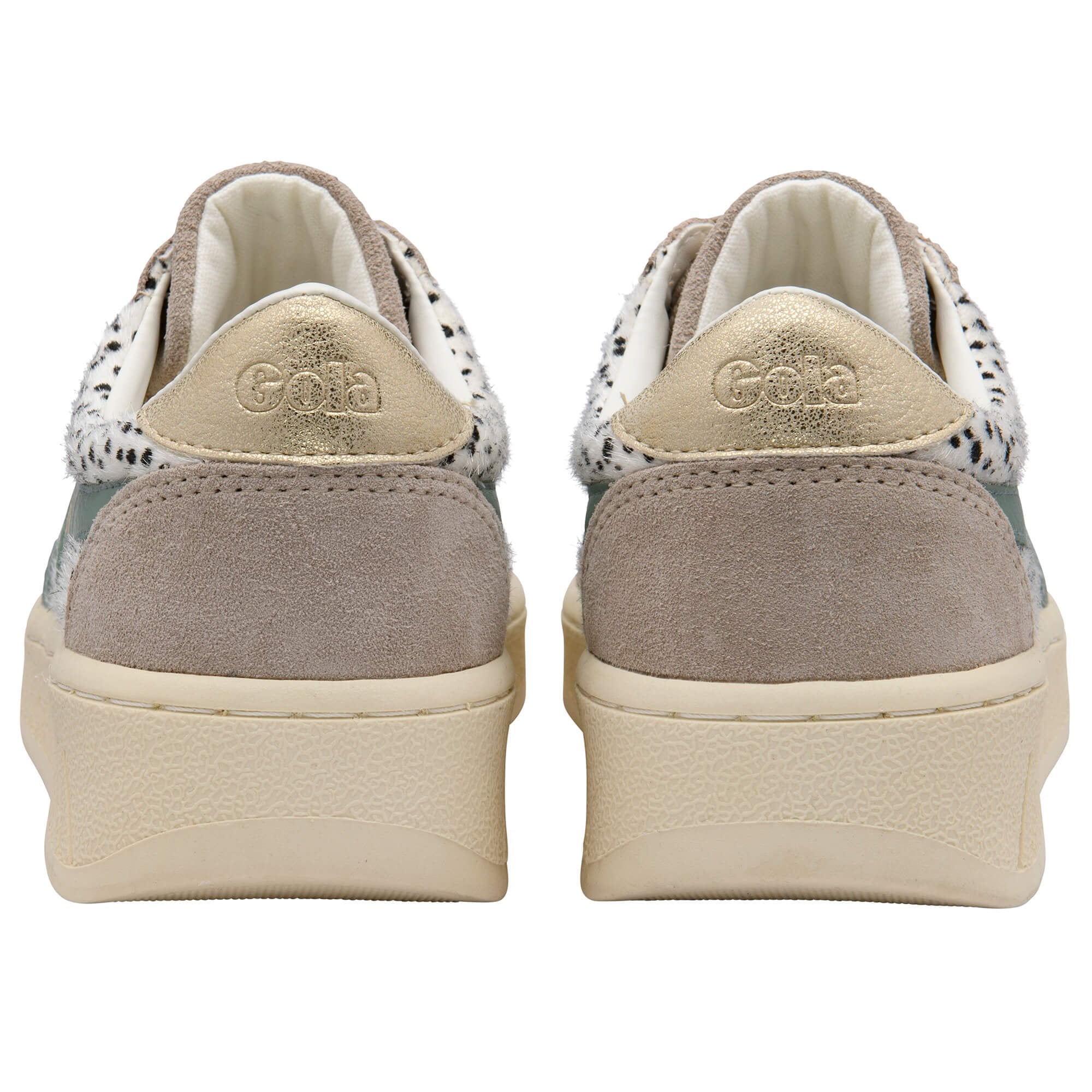 Pair of Gola trainers with animal print upper and green accents on a white background