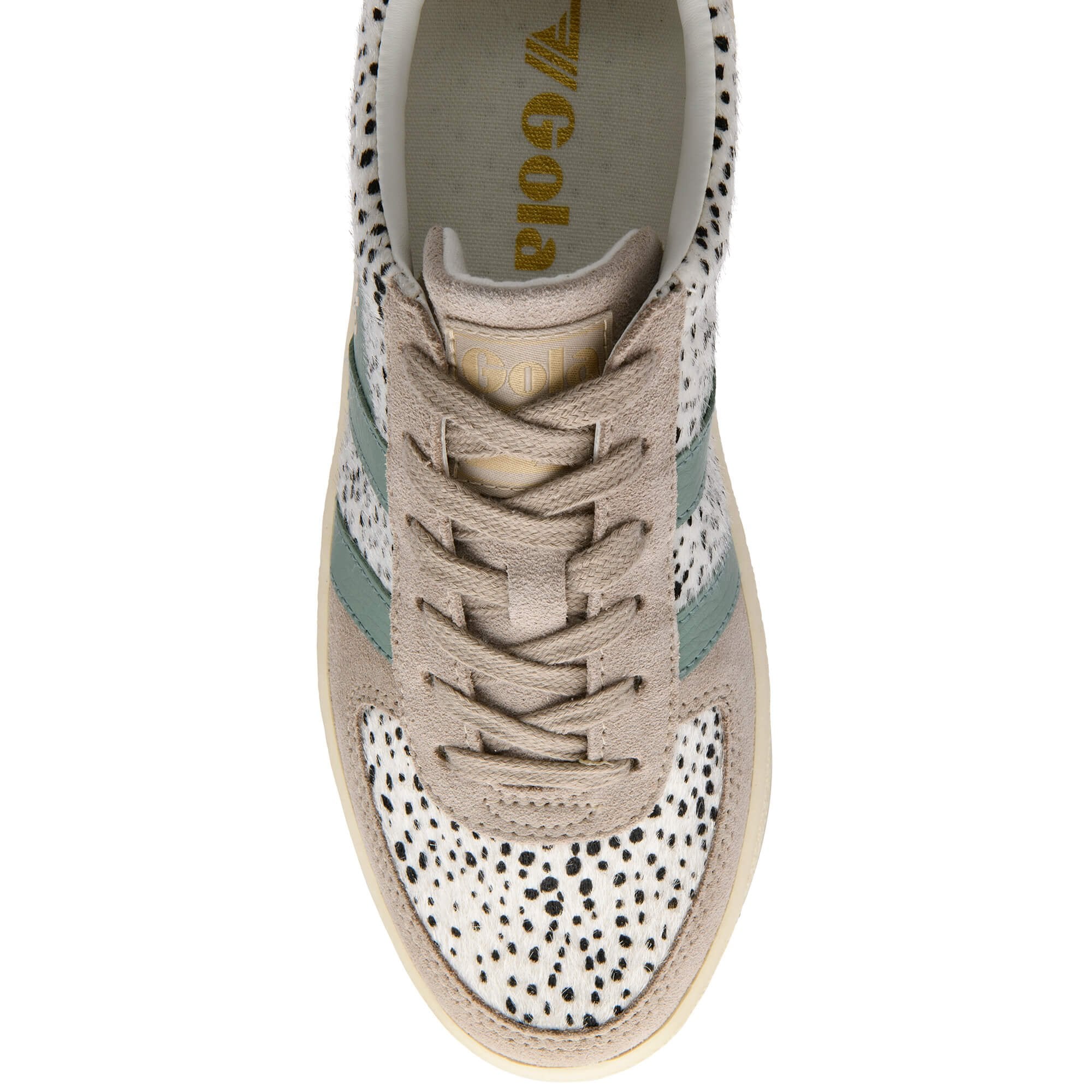 Gola trainer with animal print upper and green stripes on a white background