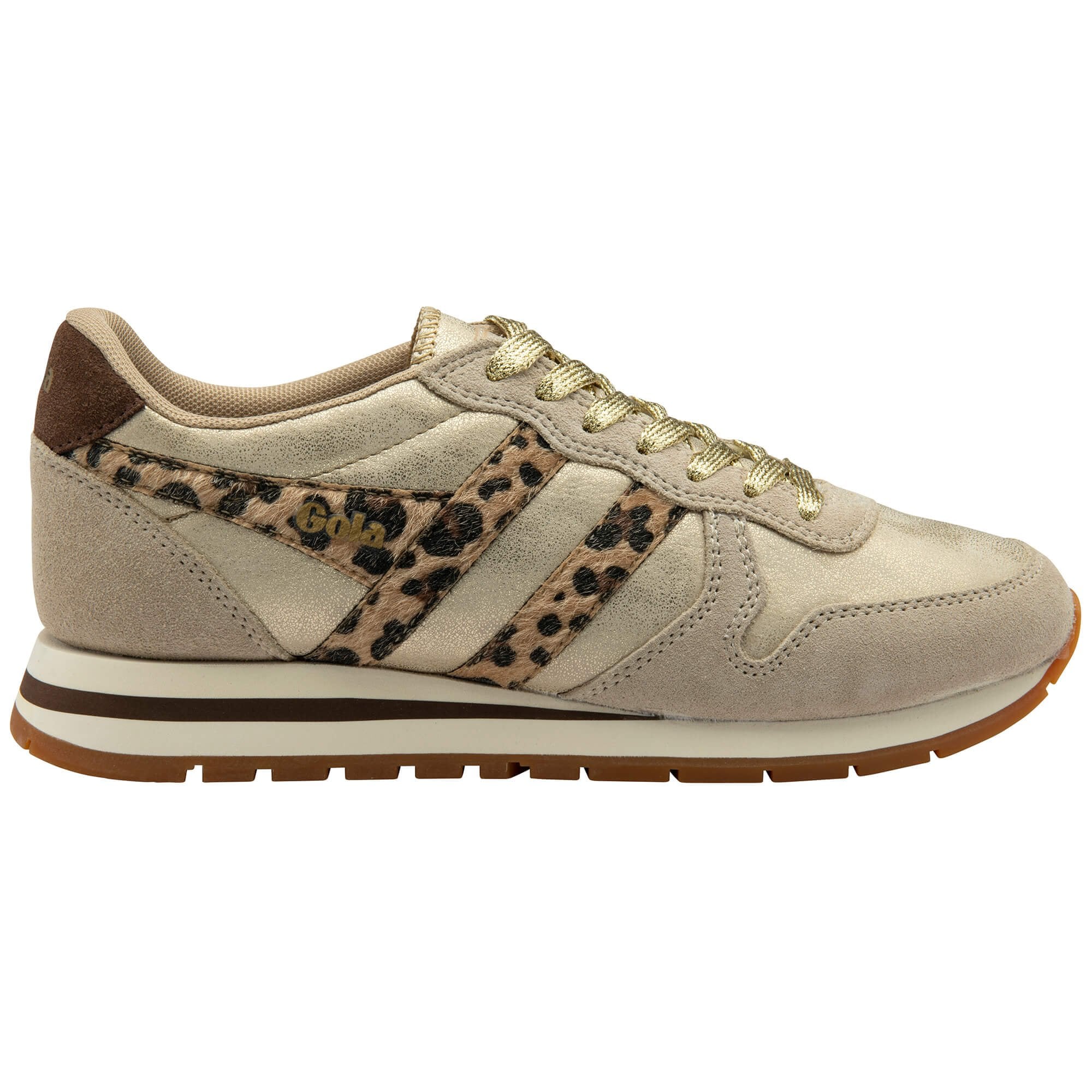 Beige trainer with leopard print pattern on a white background