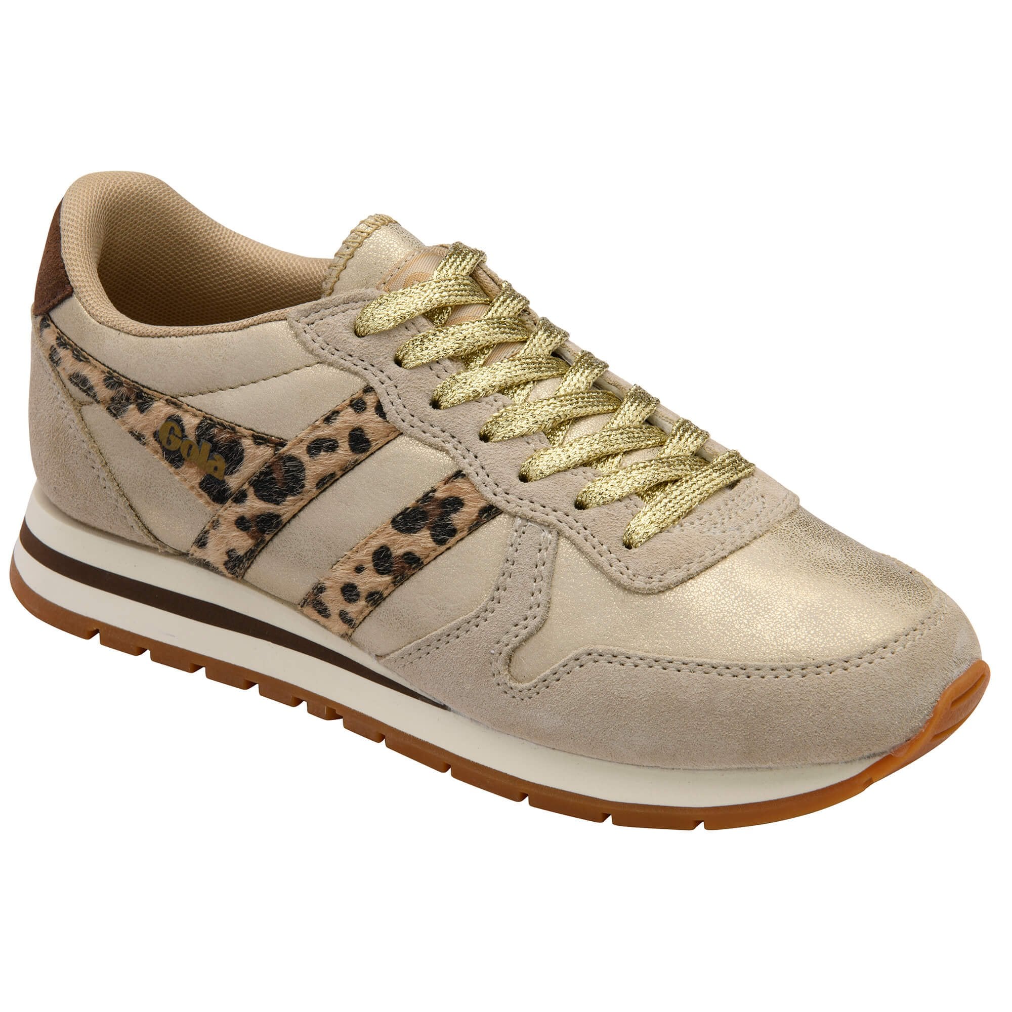 Beige trainer with leopard print accents on a white background