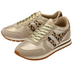 Beige trainers with leopard print accents on a white background