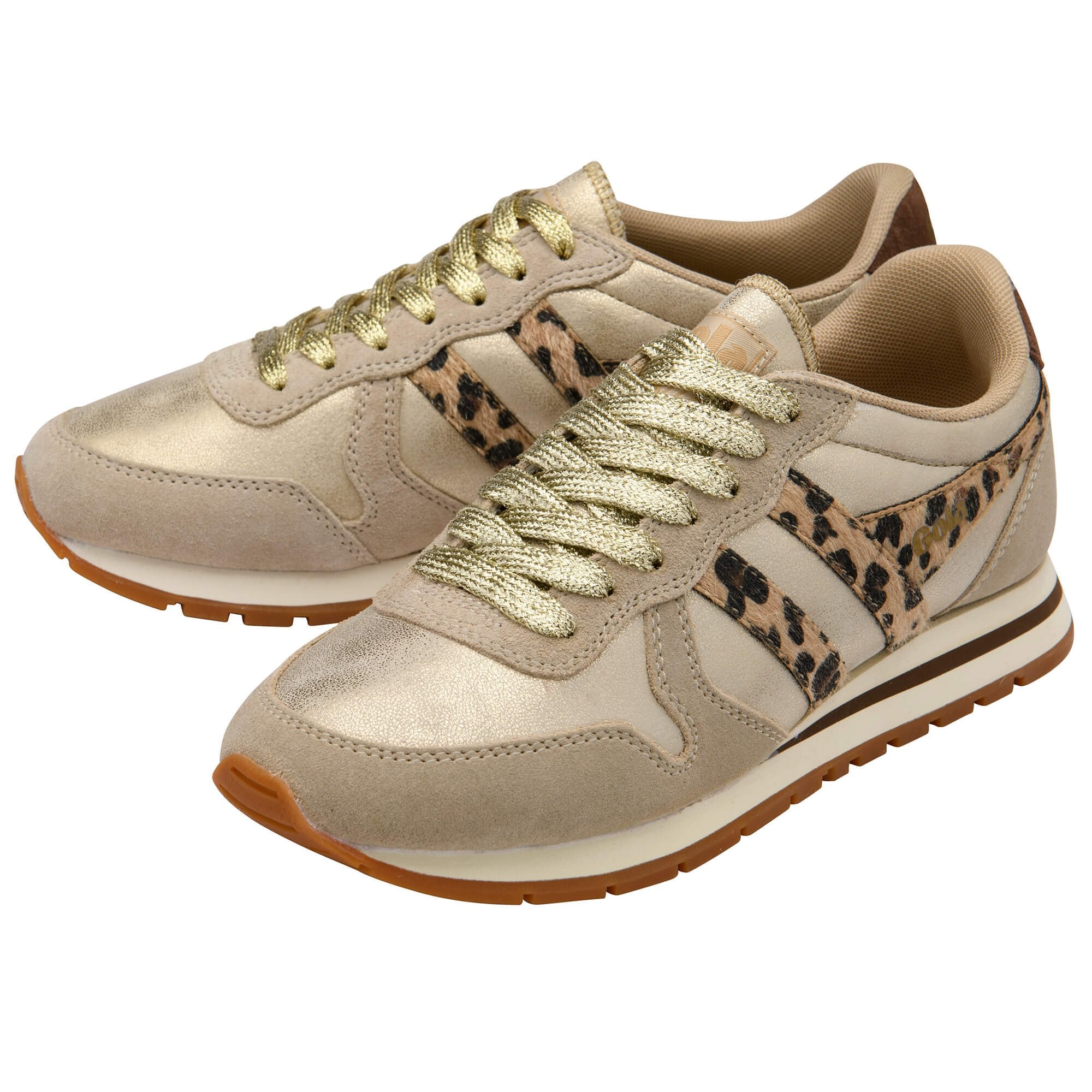 Beige trainers with leopard print accents on a white background