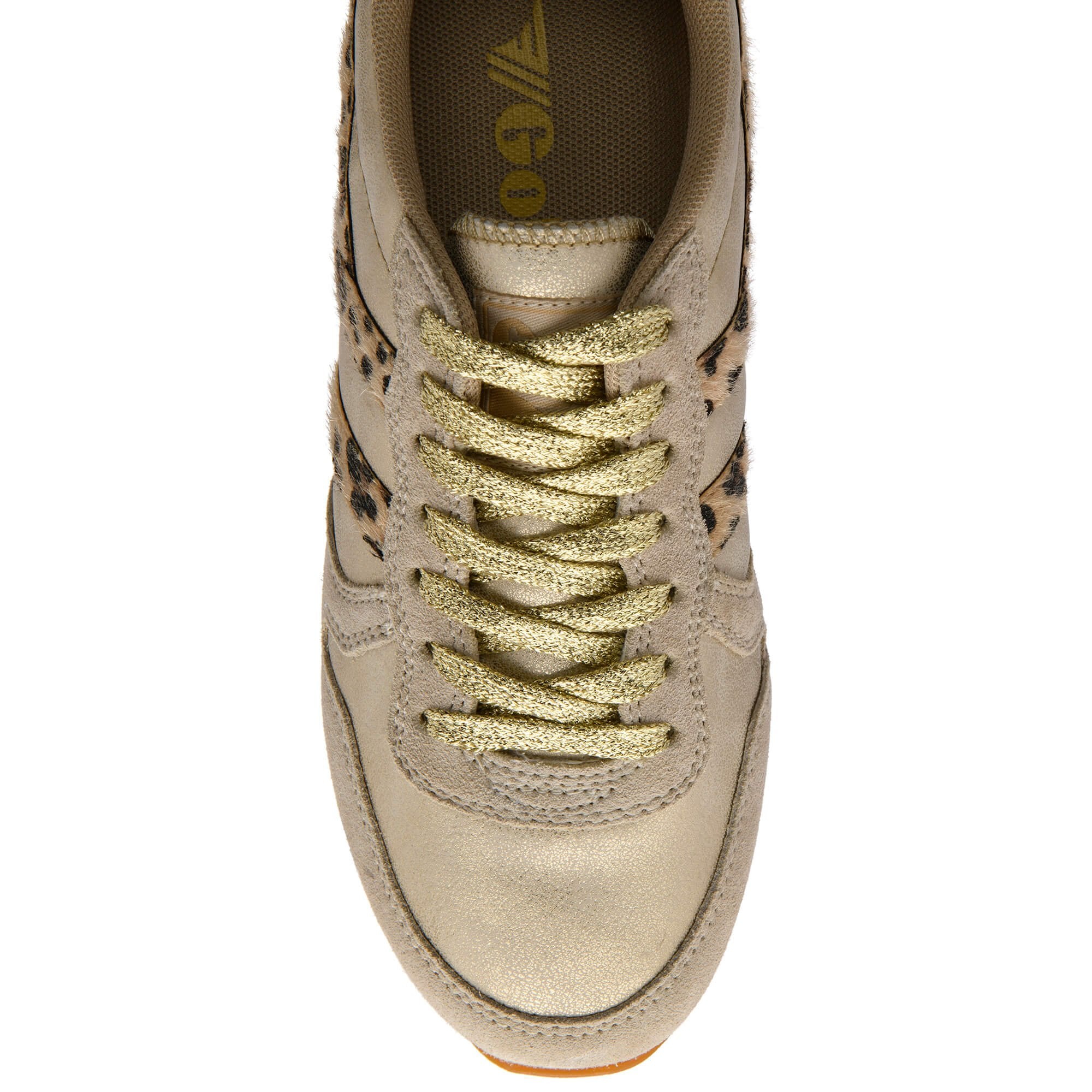 Beige trainer with gold laces on a white background