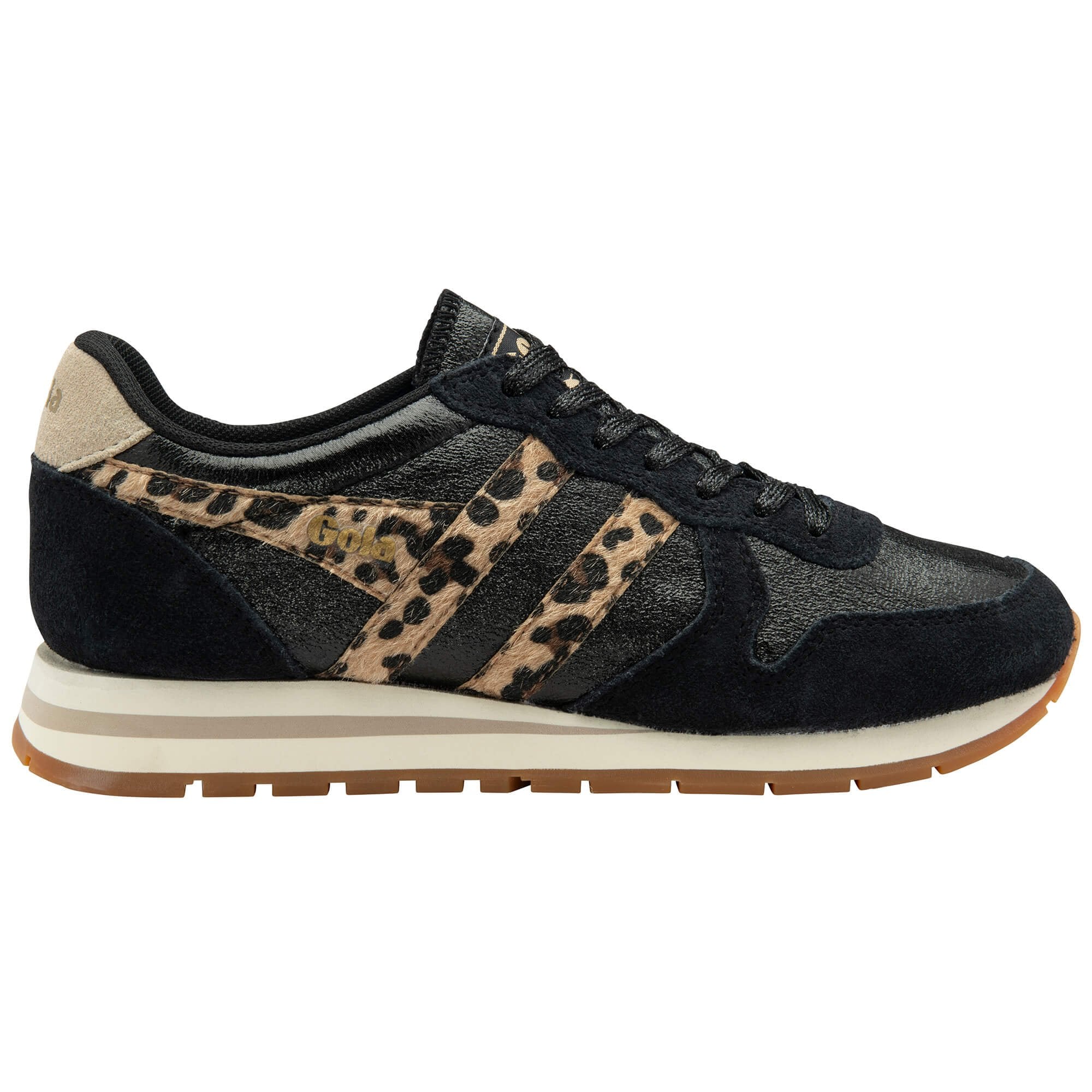 Black trainer with leopard print pattern on a white background