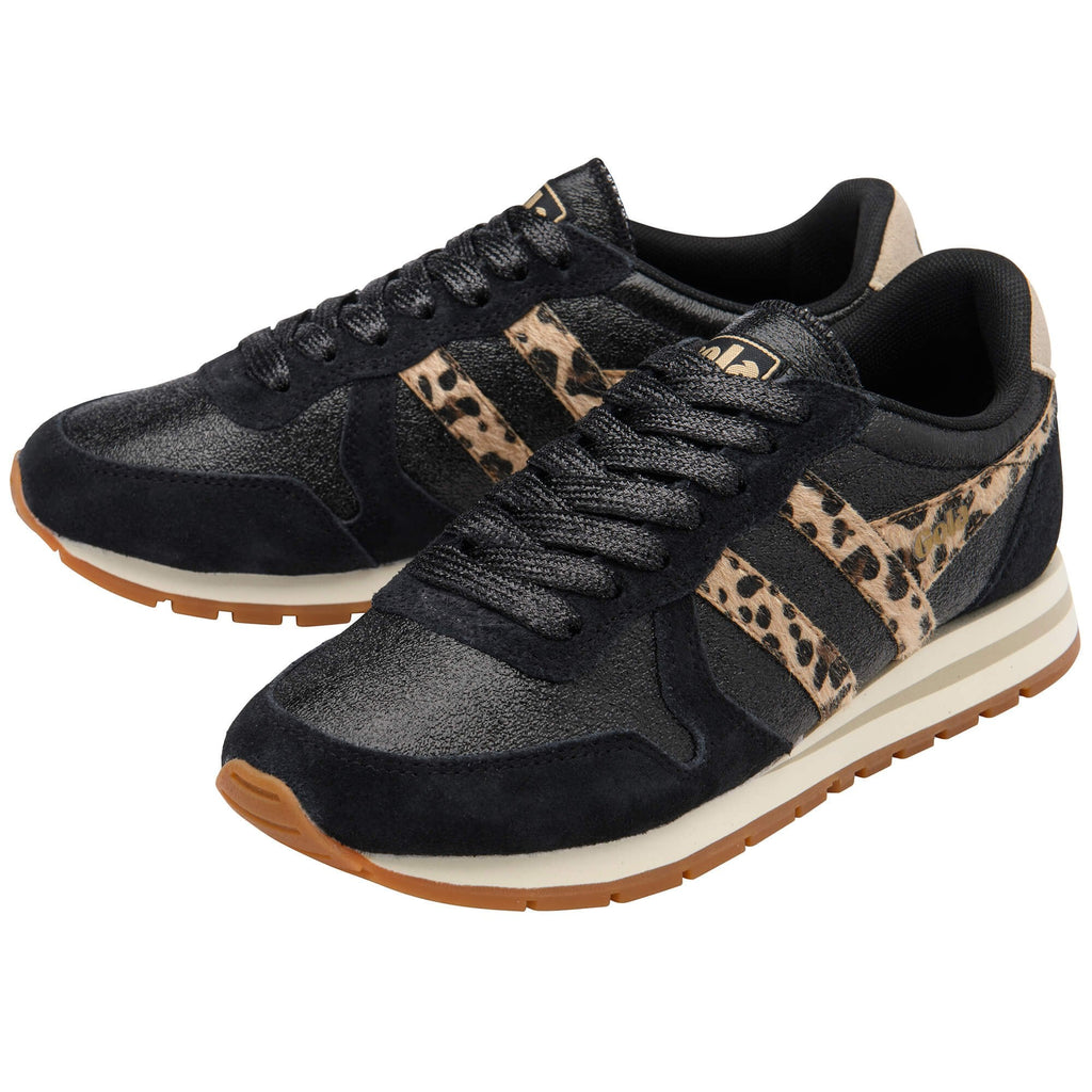 Black trainers with leopard print accents on a white background