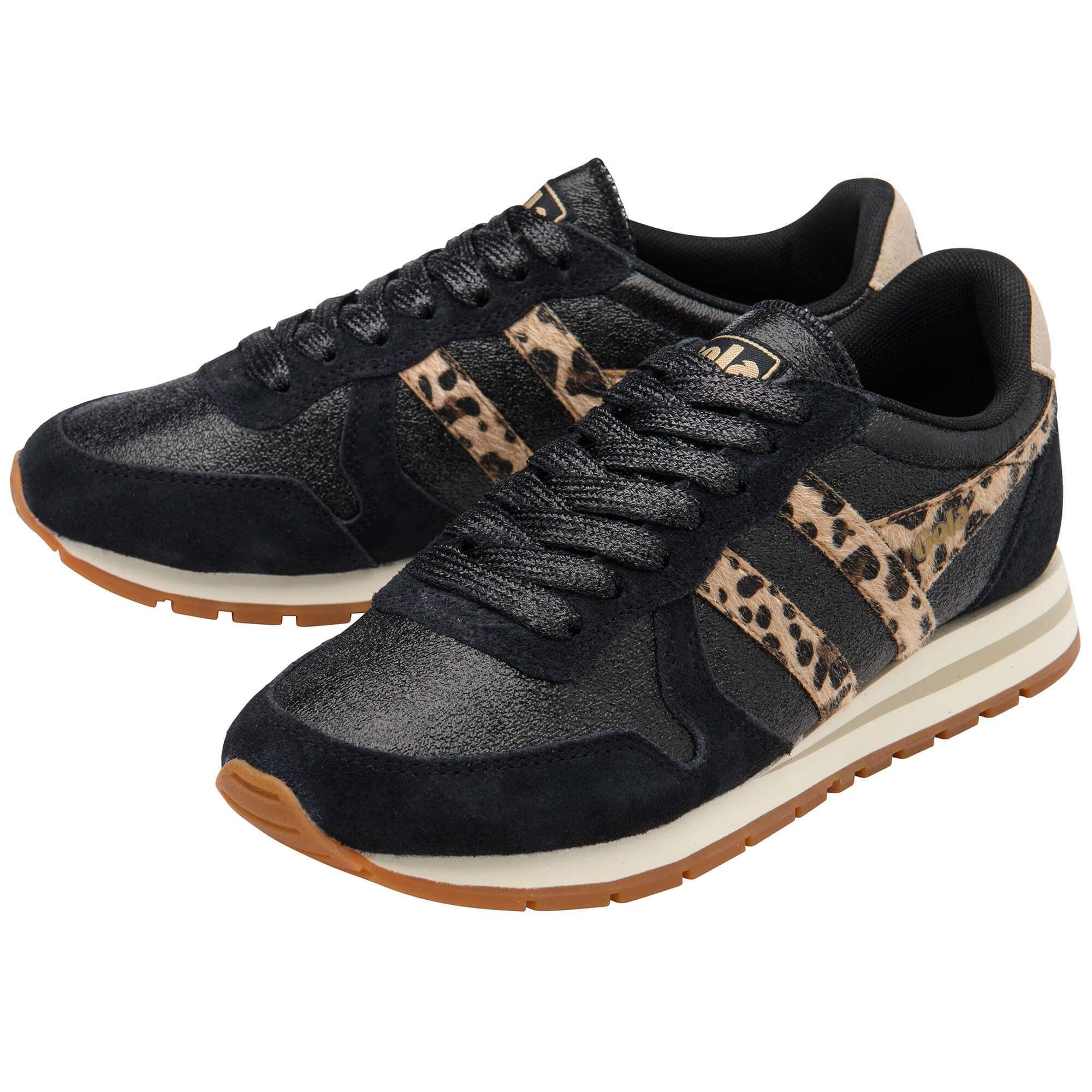 Black trainers with leopard print accents on a white background