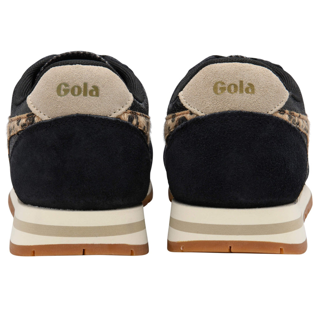 Pair of Gola trainers, black with leopard print trim and beige heel tab with Gola logo