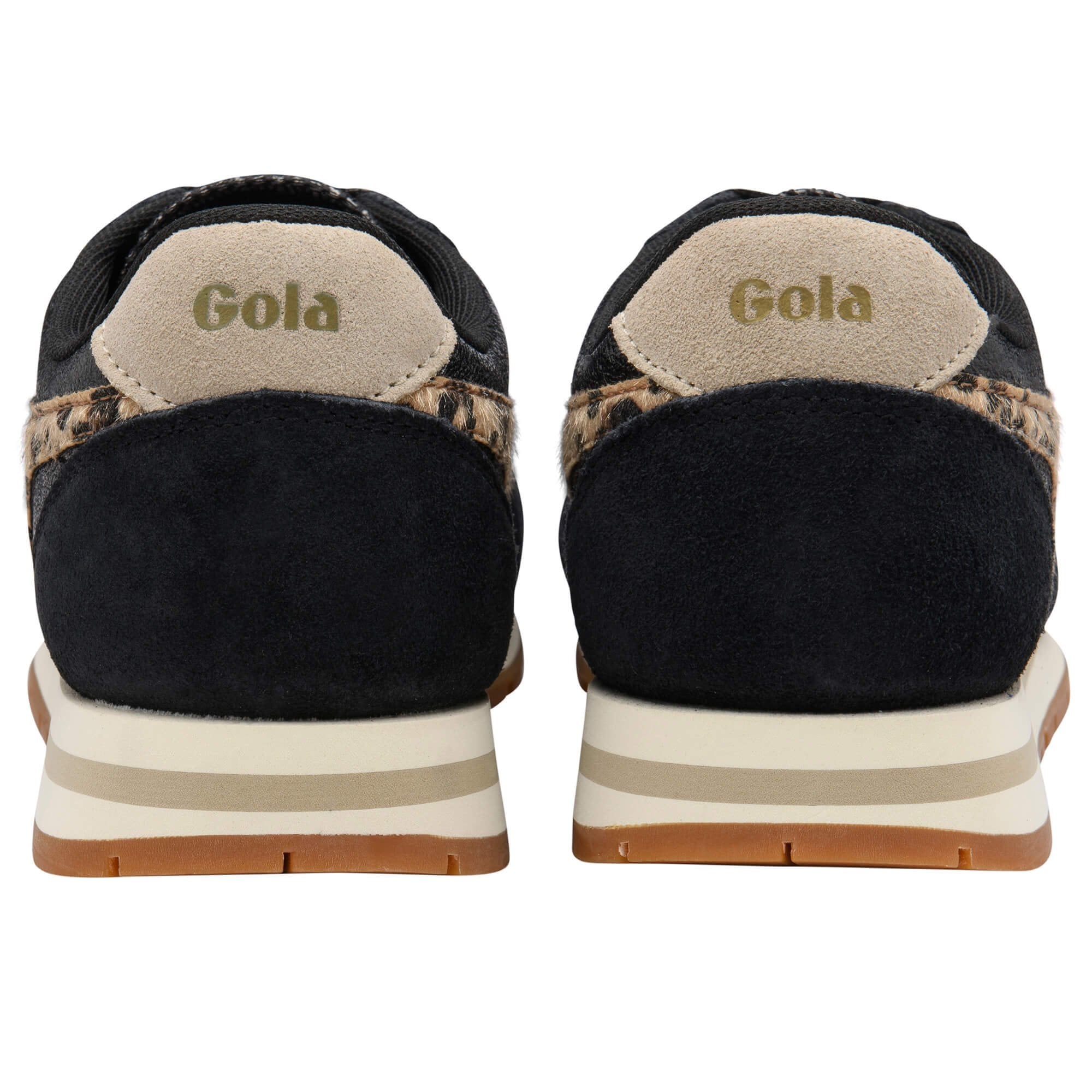 Pair of Gola trainers, black with leopard print trim and beige heel tab with Gola logo