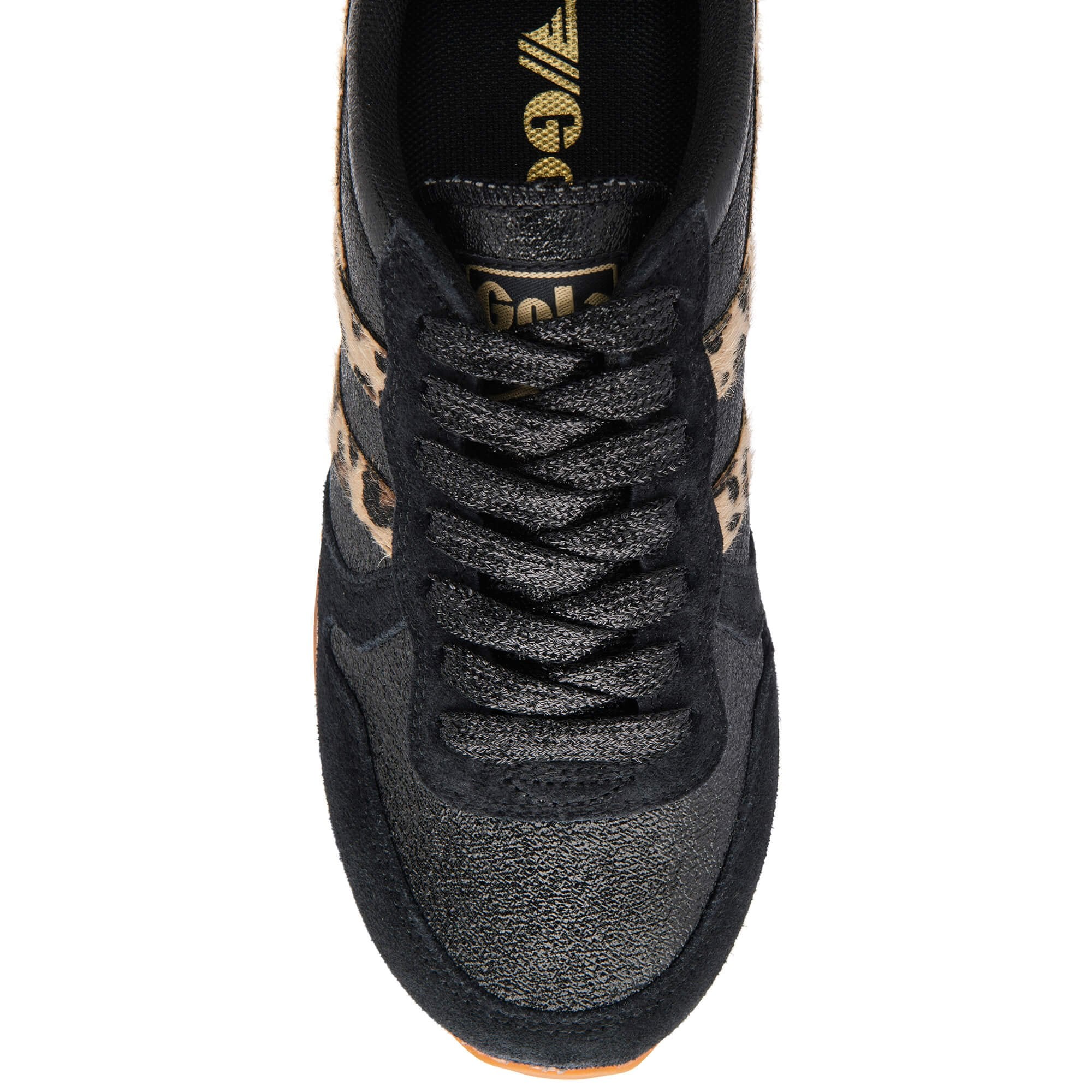Black trainer with visible brand logo on a white background