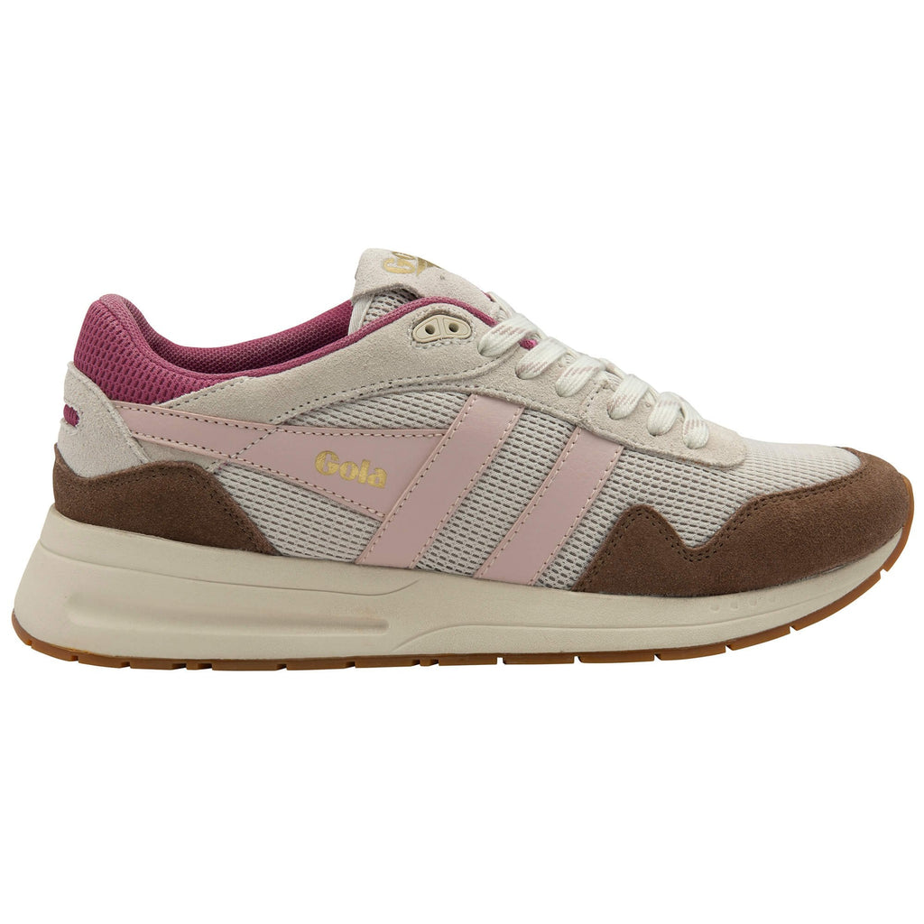 Trainer with pink and brown design on a white background