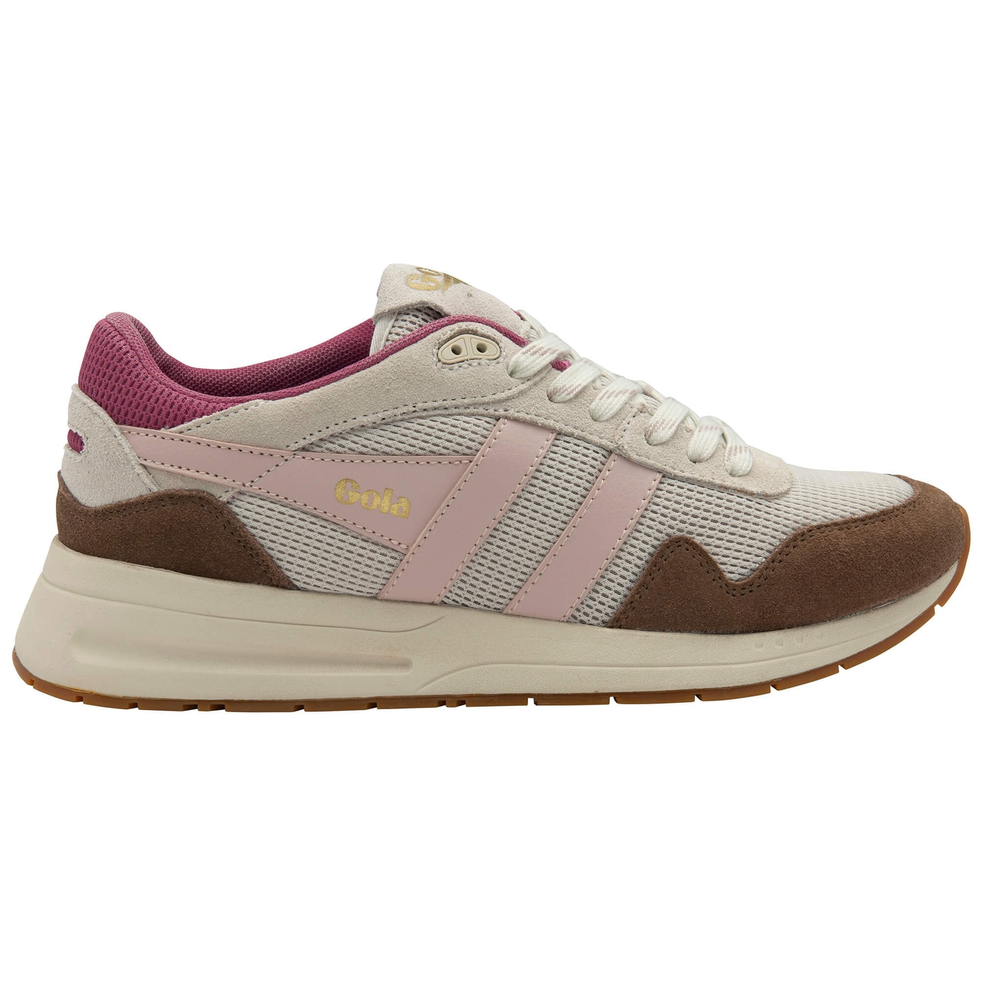 Trainer with pink and brown design on a white background