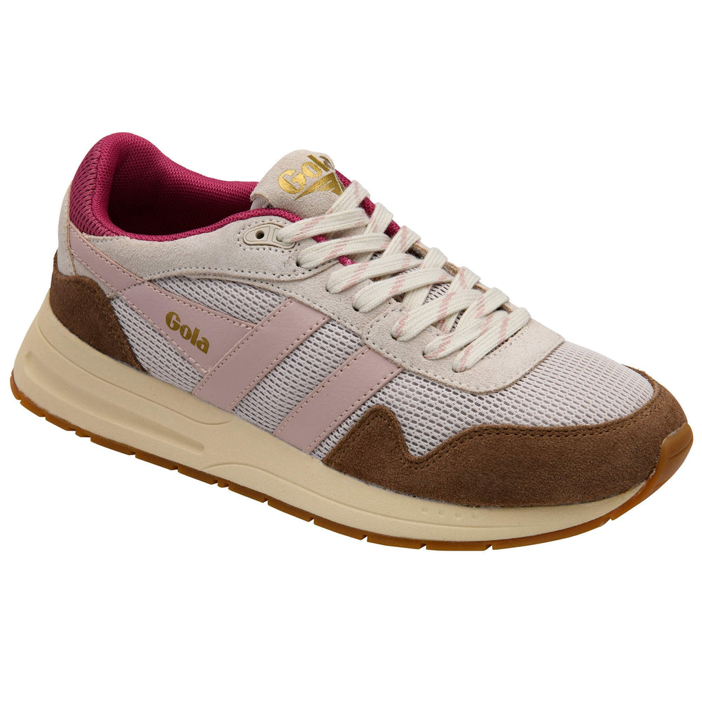 Trainer with a mix of beige, brown, and pink colour on a white background