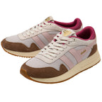 Pair of trainers with brown, beige and pink accents on a white background