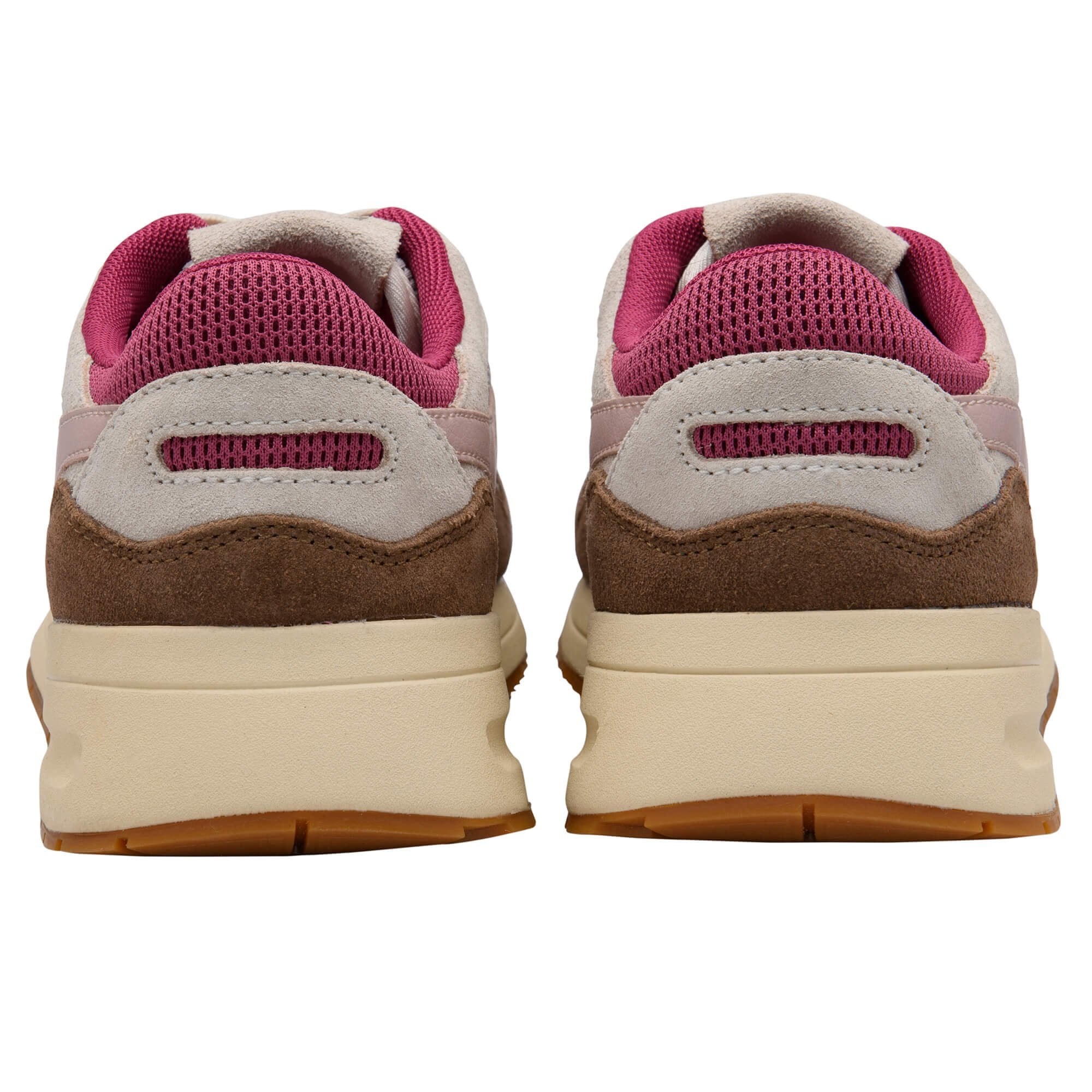 Pair of trainers with brown, pink, and beige colour scheme on a white background