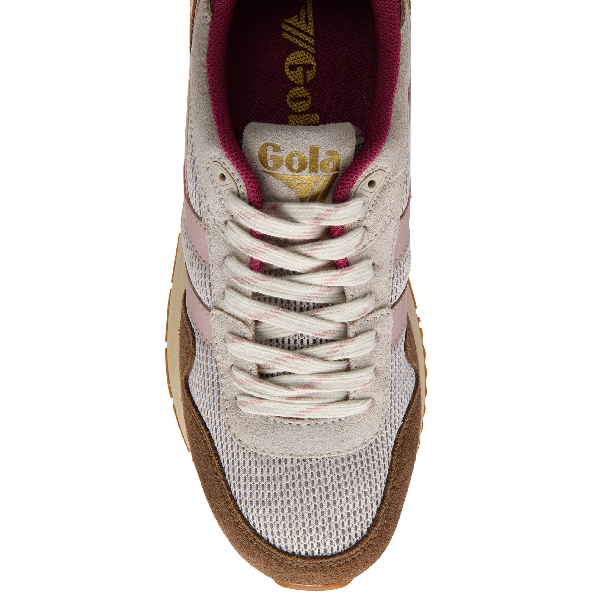 Gola trainer with brown sole and white laces on a white background