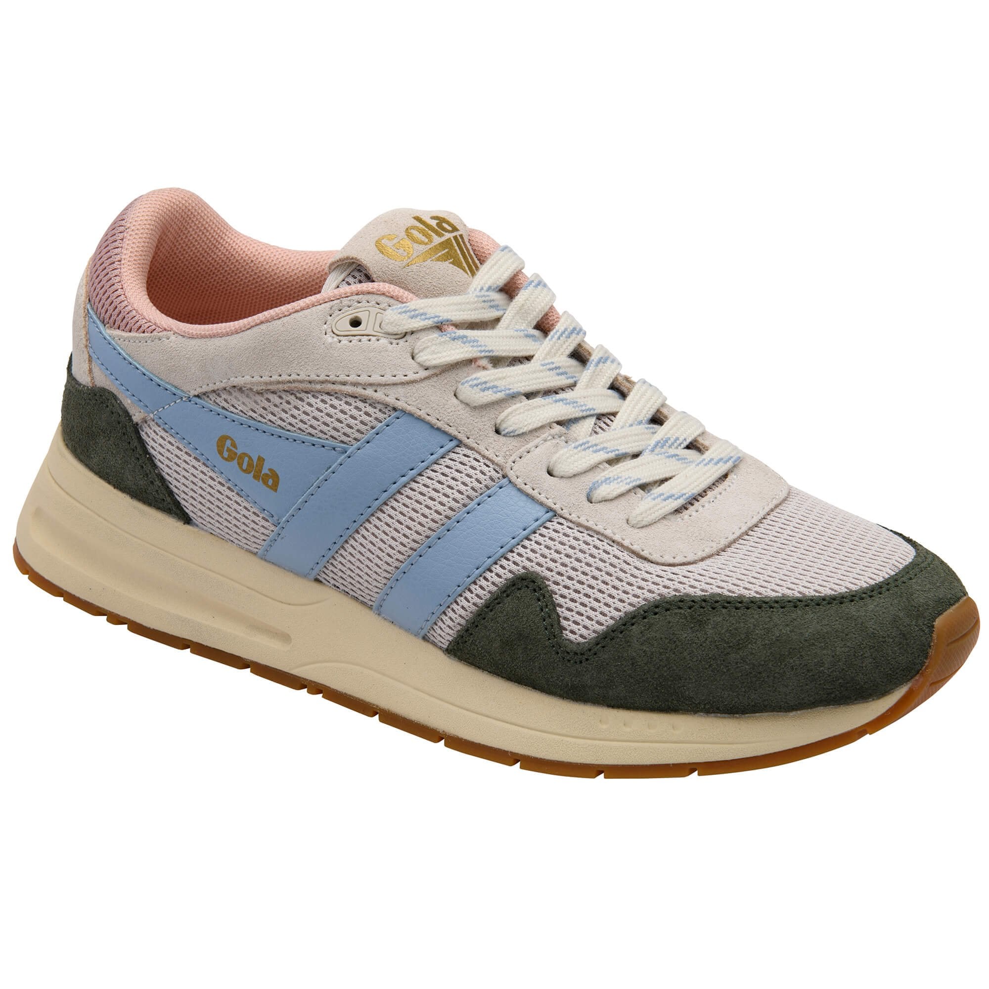 Gola women's trainer in off-white, blue, pink, and green with a gum sole